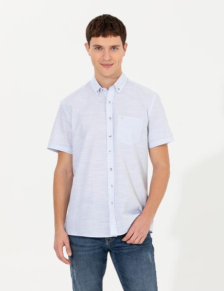 Açık Mavi Keten Görünümlü Regular Fit Kısa Kollu Gömlek - 50255247001