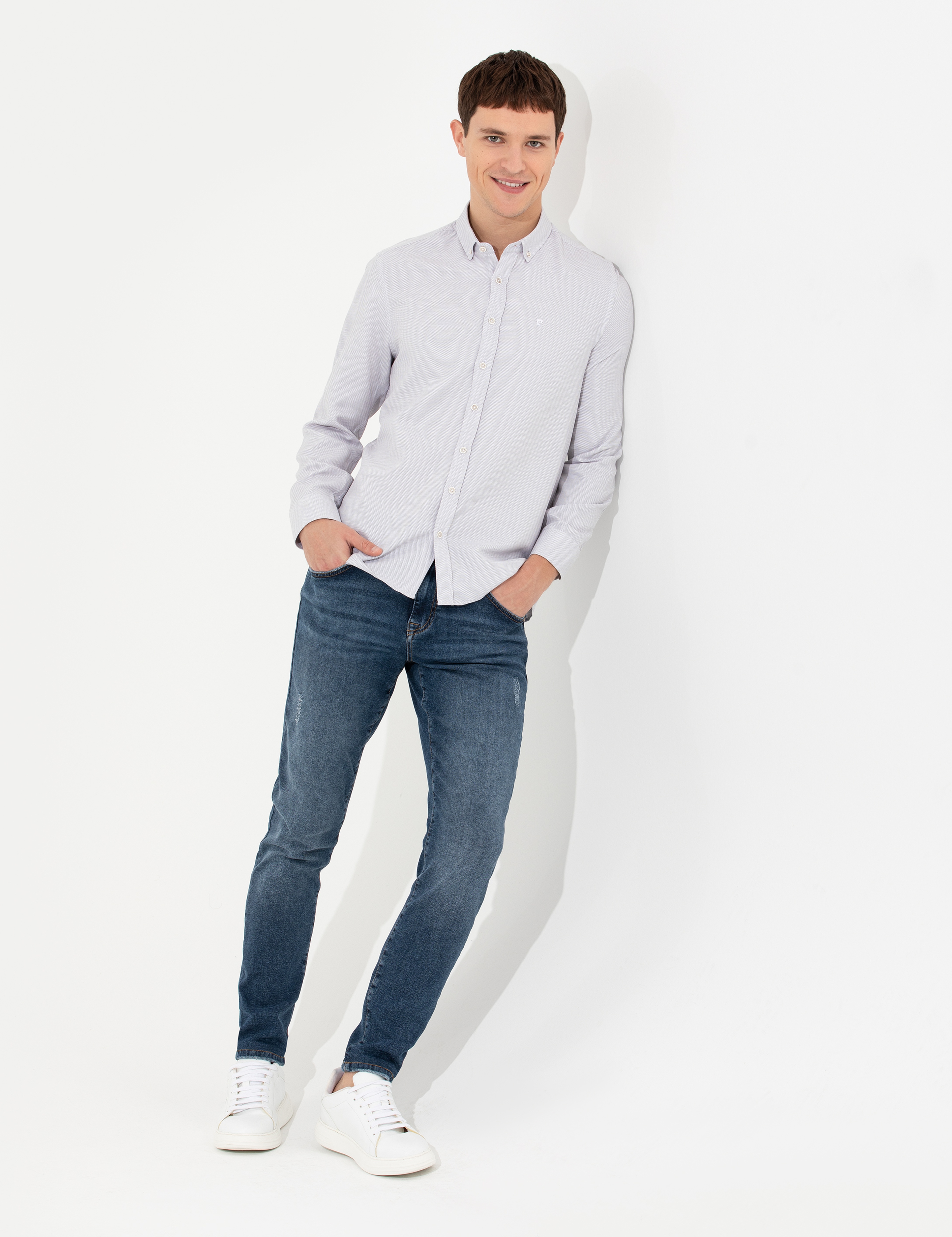 Açık Gri Slim Fit Uzun Kollu Gömlek - Image 3