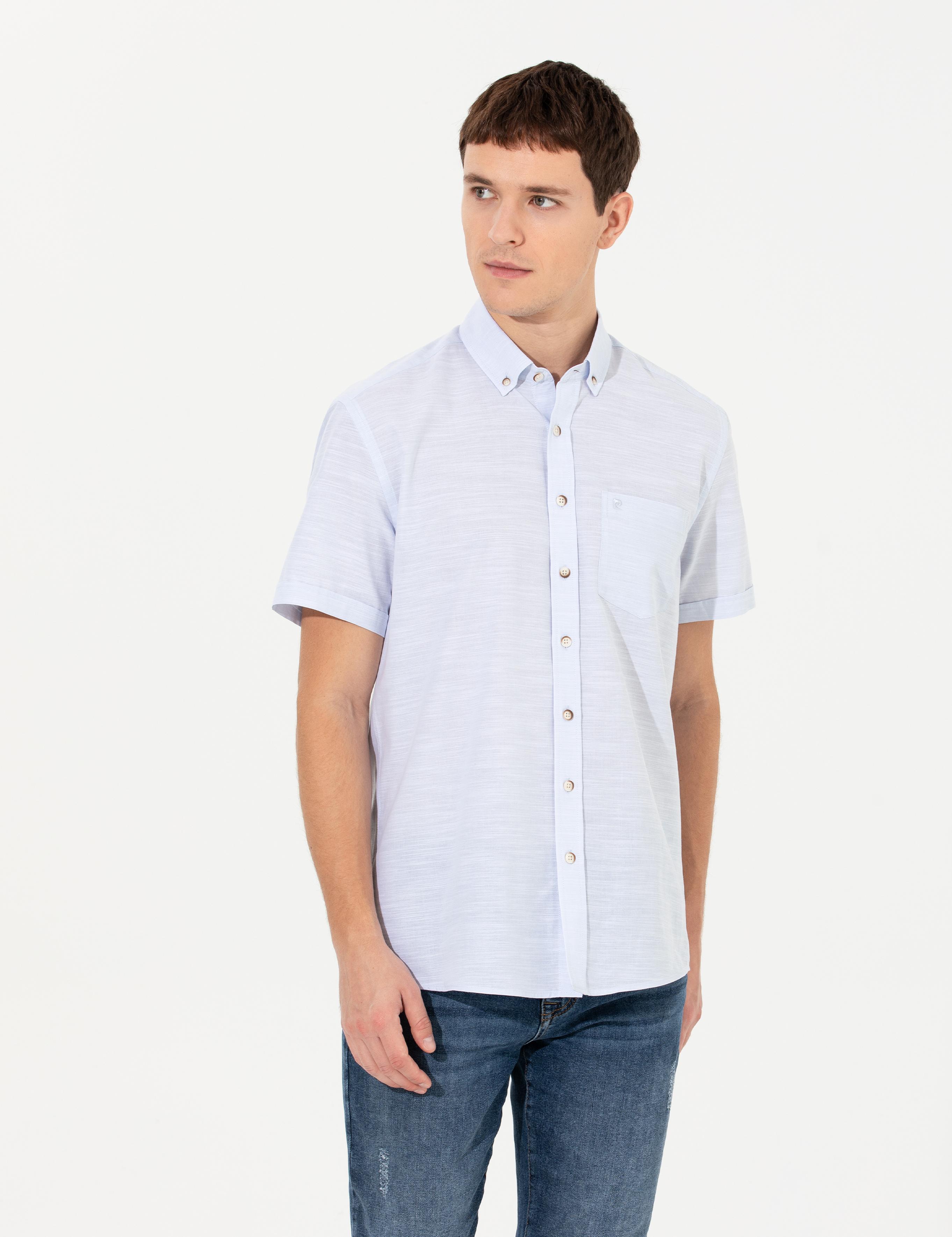 Açık Mavi Keten Görünümlü Regular Fit Kısa Kollu Gömlek