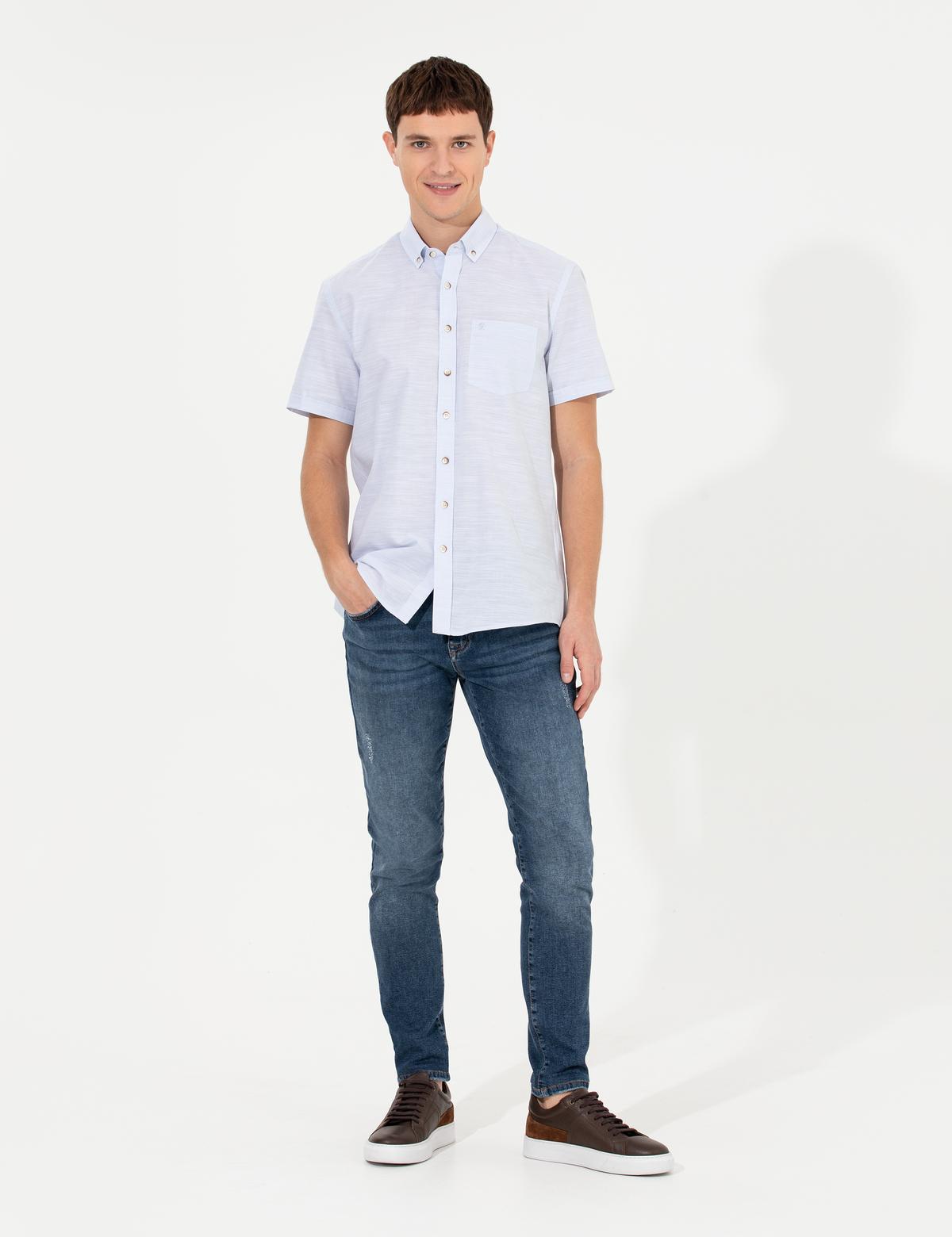 Açık Mavi Keten Görünümlü Regular Fit Kısa Kollu Gömlek - 50255247001