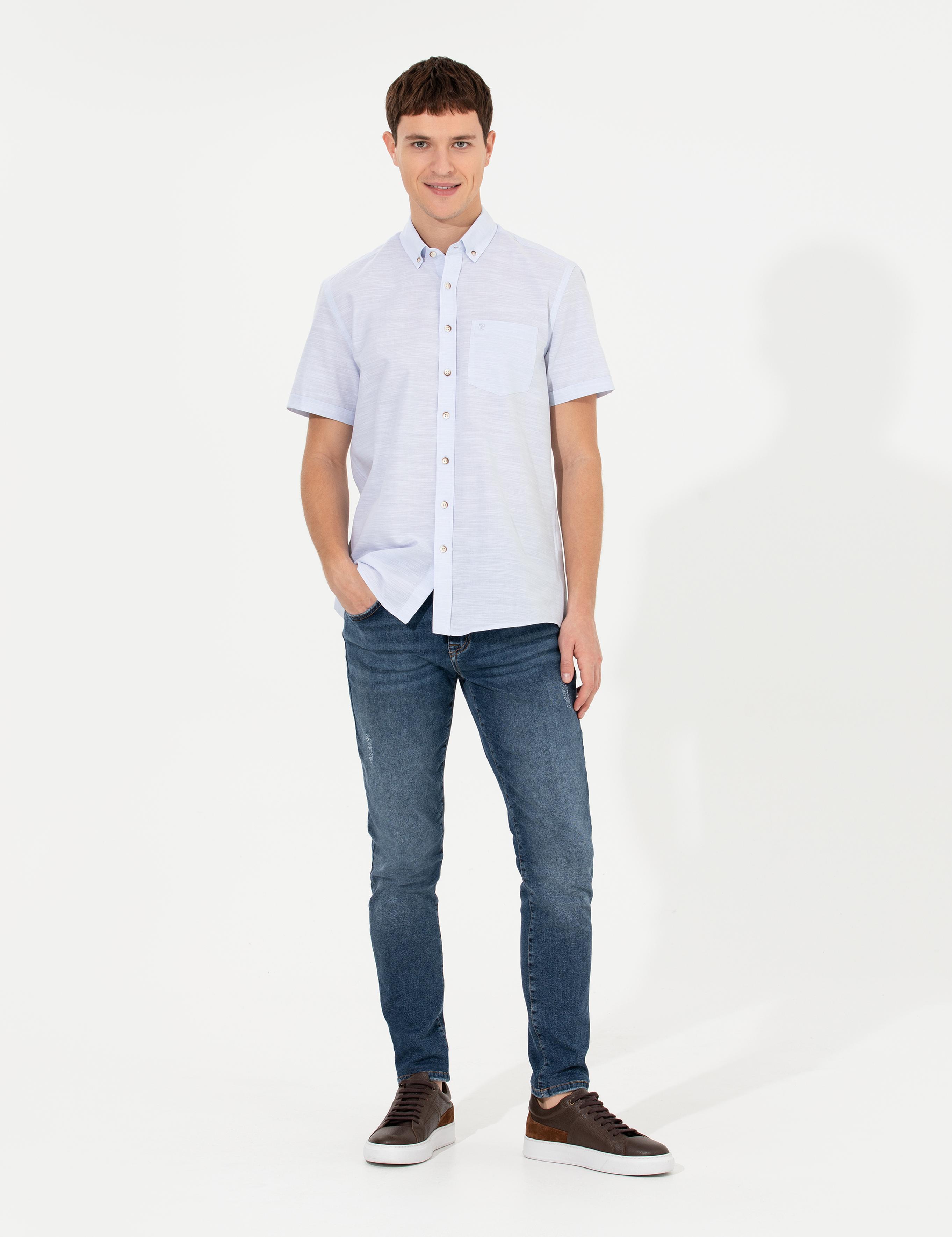 Açık Mavi Keten Görünümlü Regular Fit Kısa Kollu Gömlek