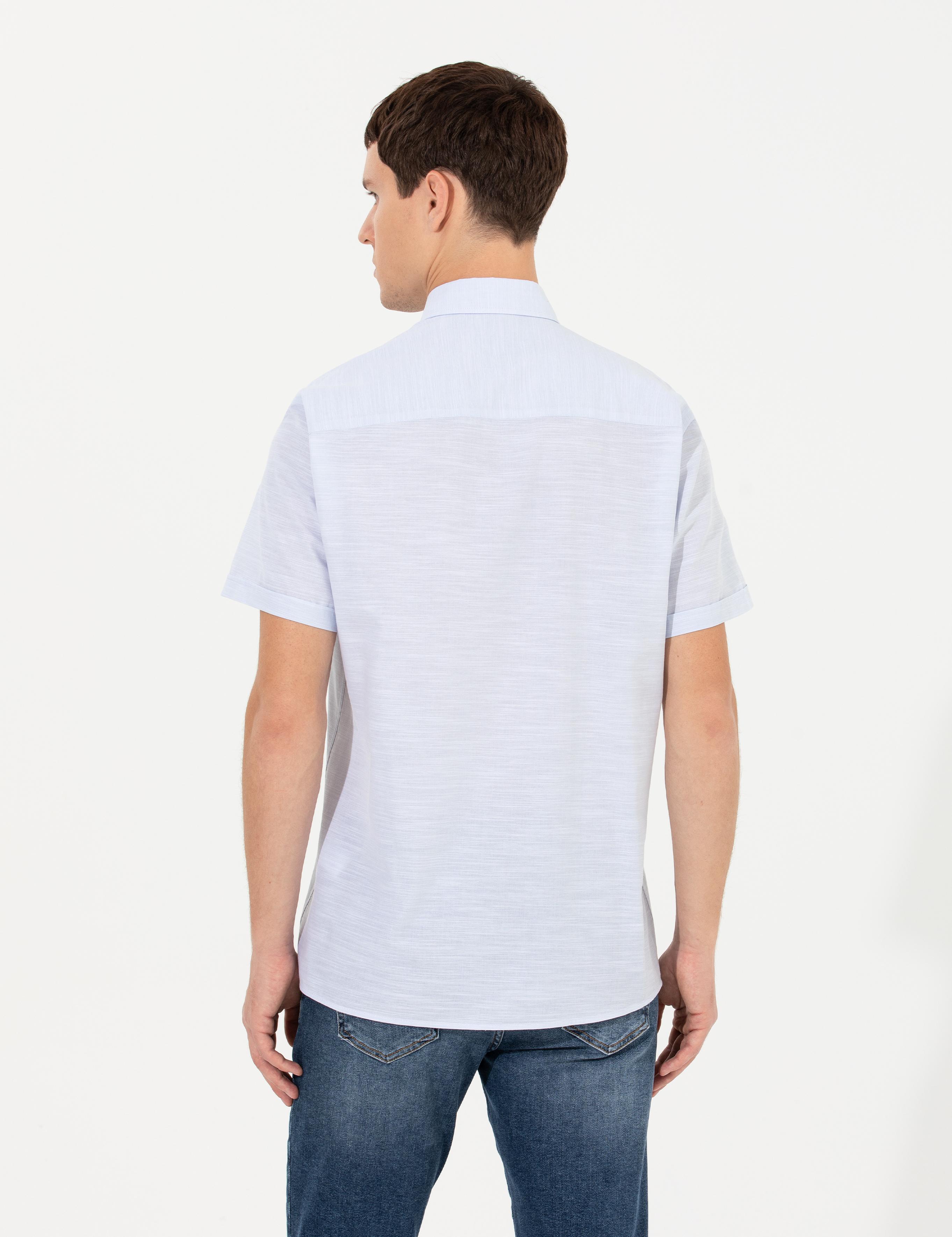 Açık Mavi Keten Görünümlü Regular Fit Kısa Kollu Gömlek