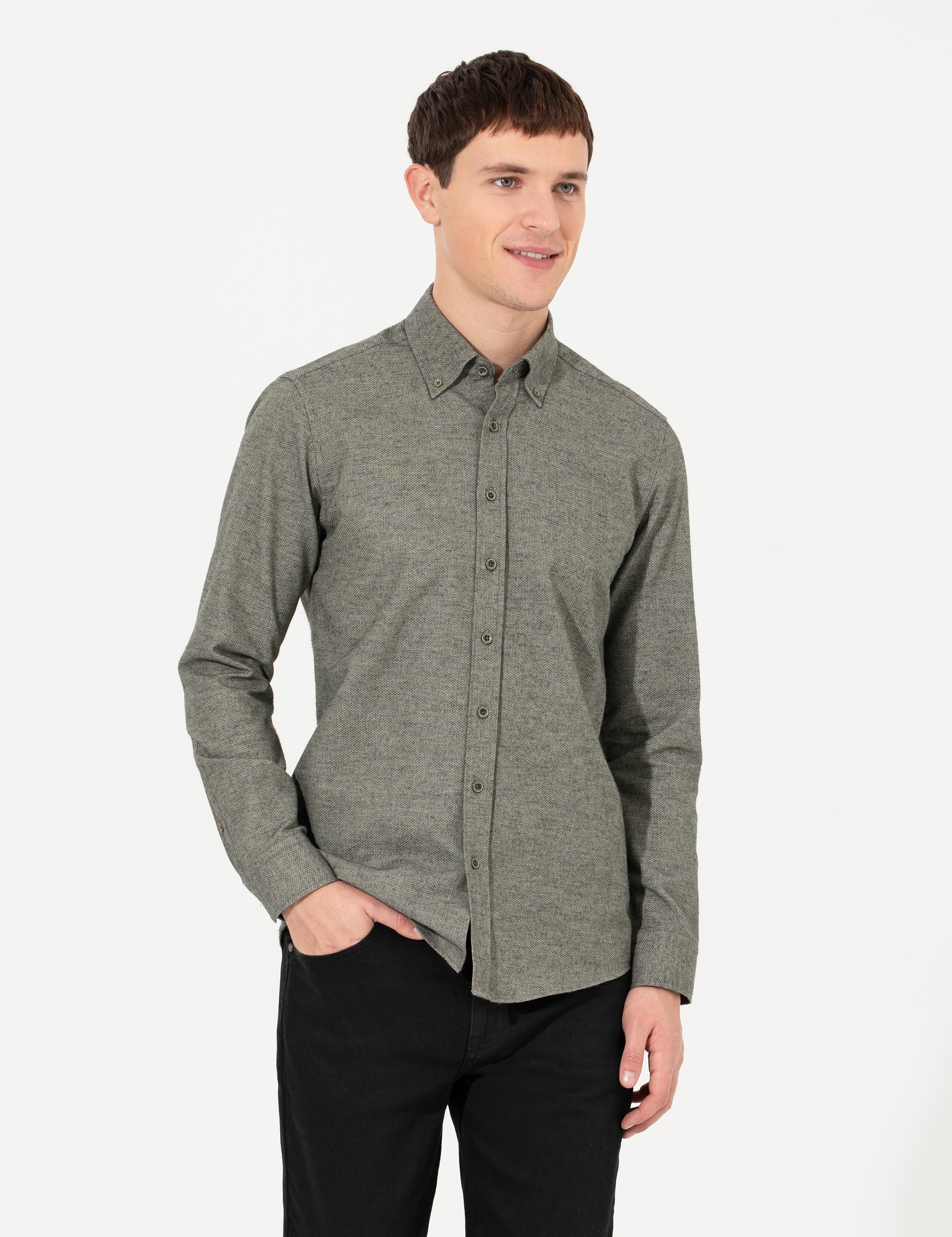 Yeşil Slim Fit Uzun Kollu Gömlek - Image 4