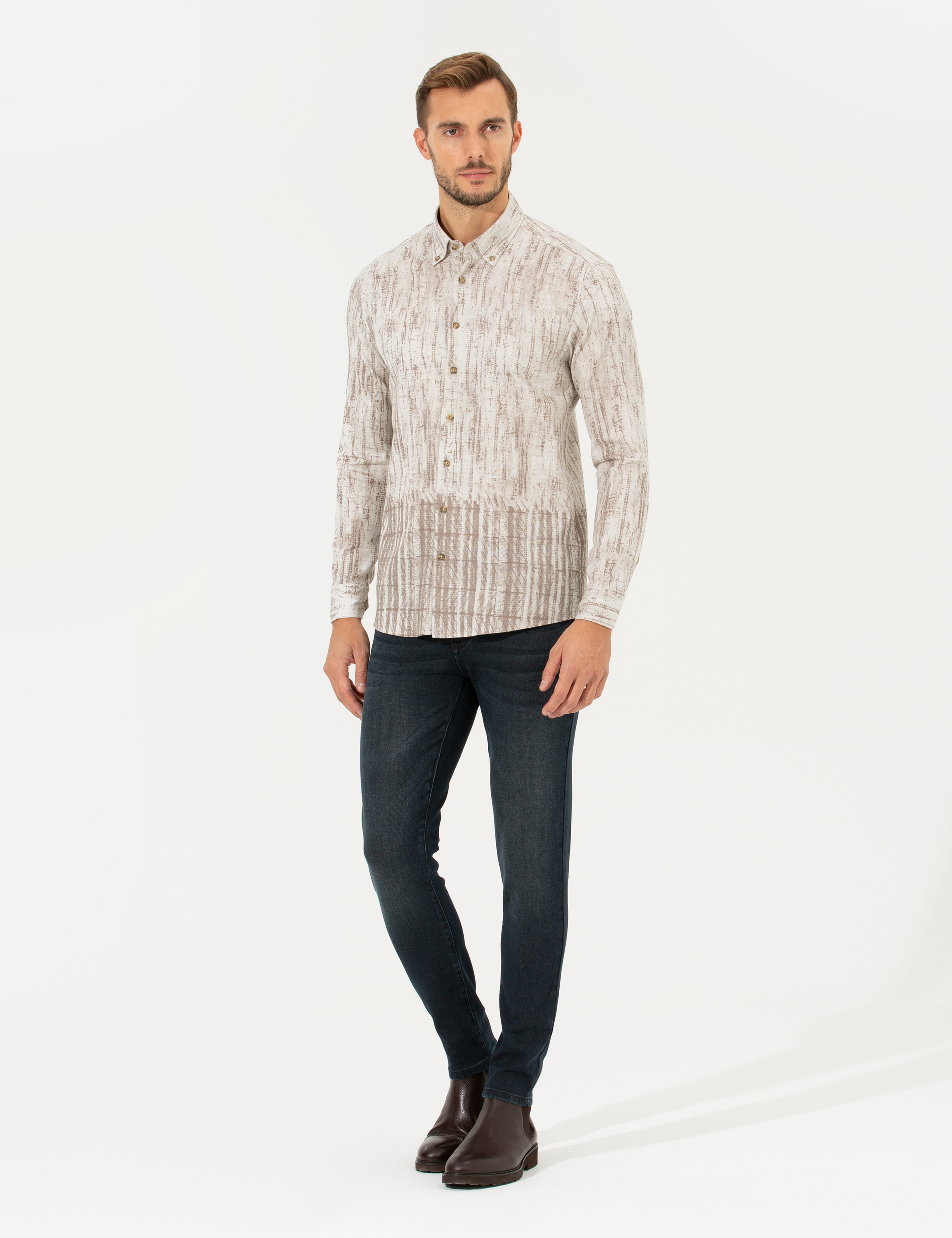 Bej Slim Fit Uzun Kollu Gömlek - Image 4