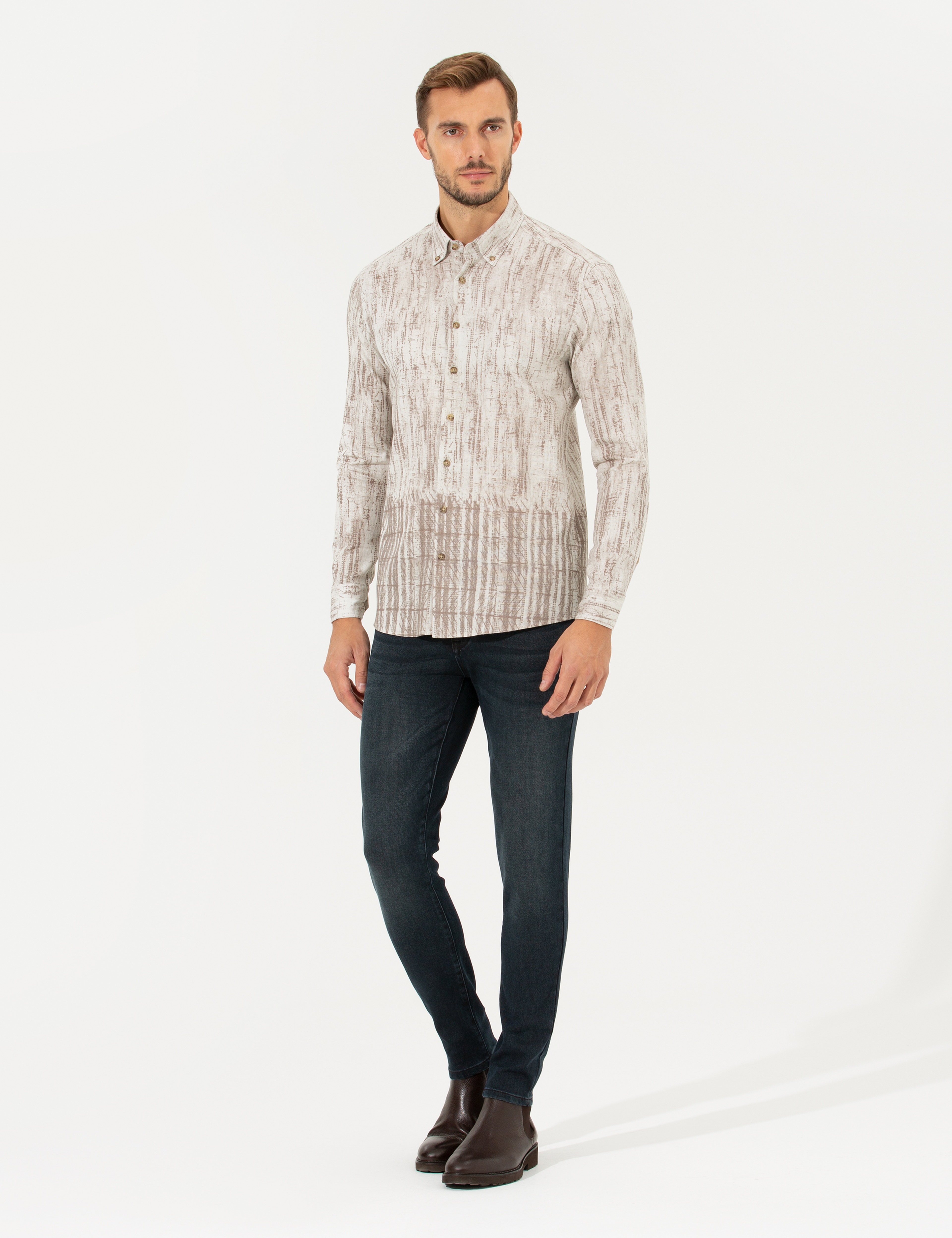 Bej Slim Fit Uzun Kollu Gömlek