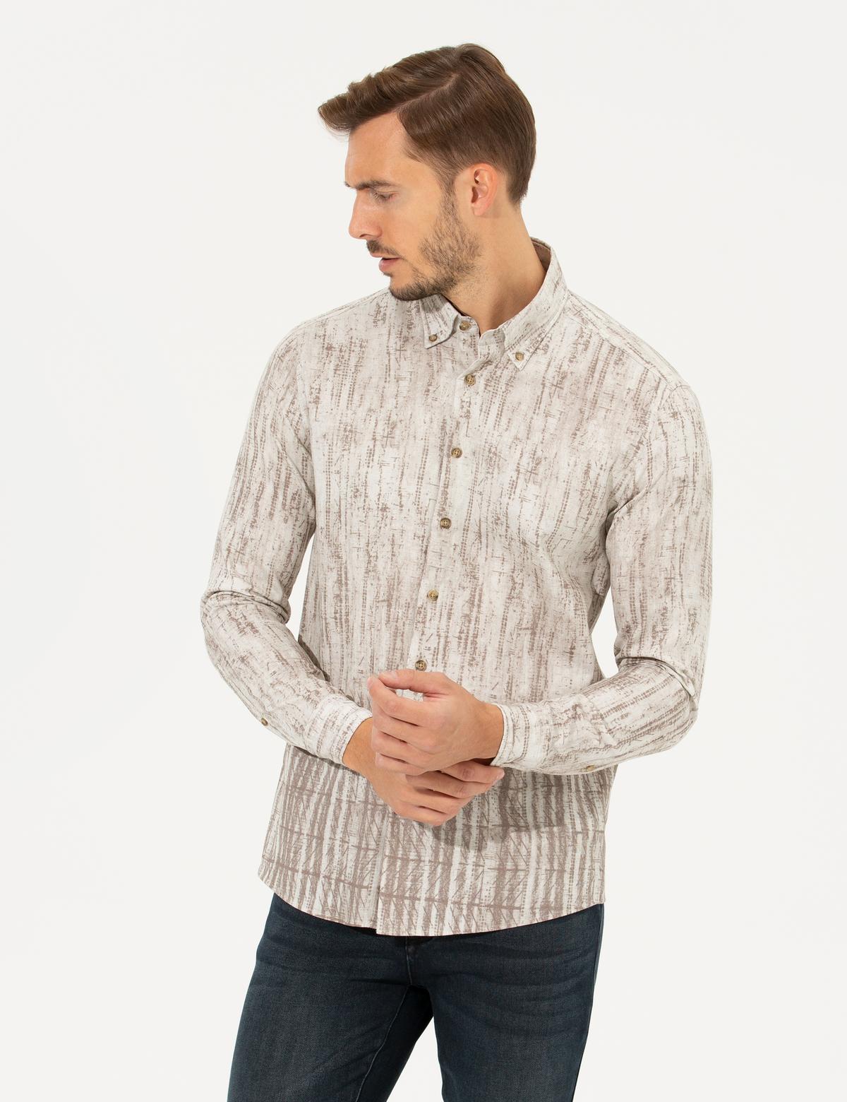 Bej Slim Fit Uzun Kollu Gömlek