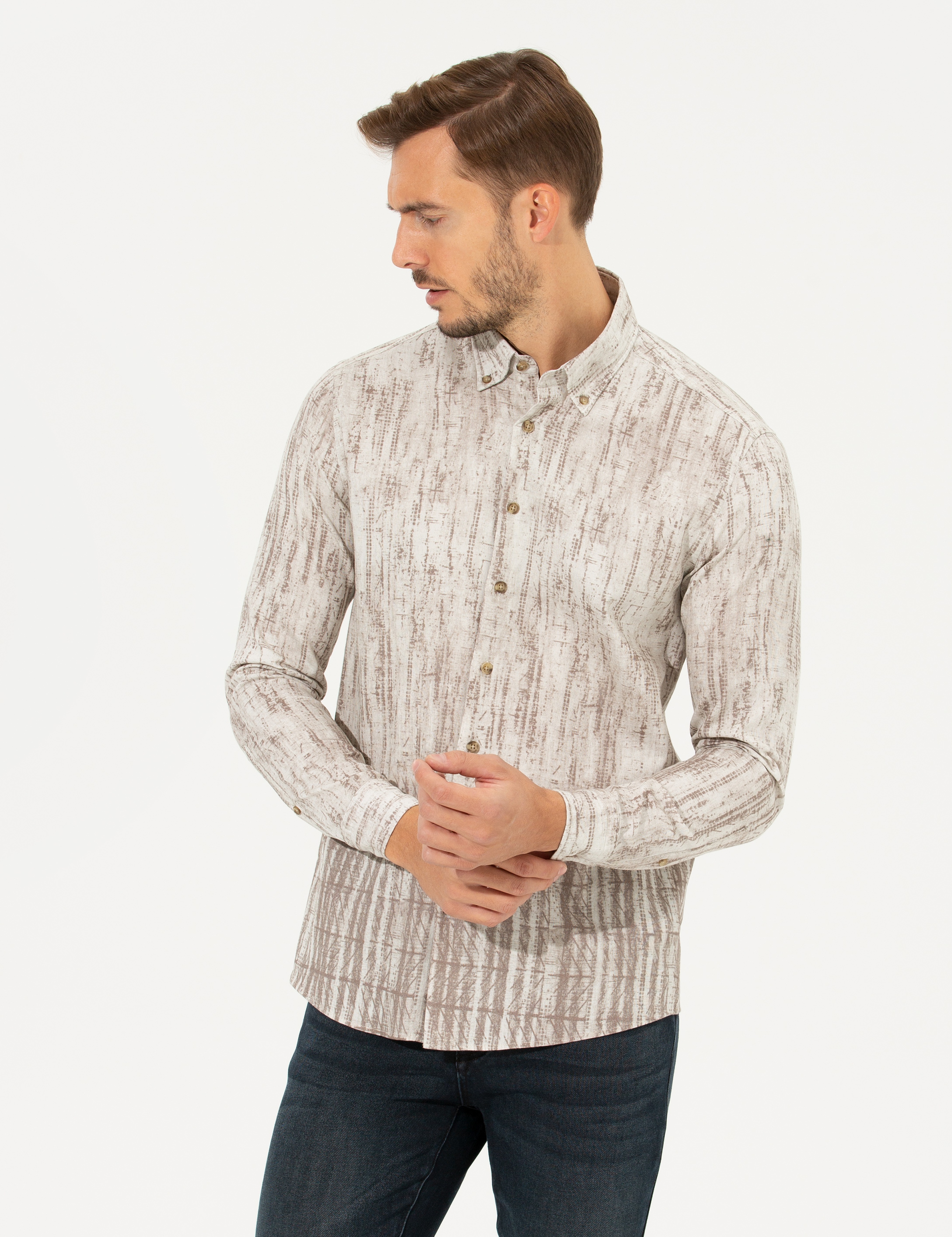 Bej Slim Fit Uzun Kollu Gömlek - Image 1