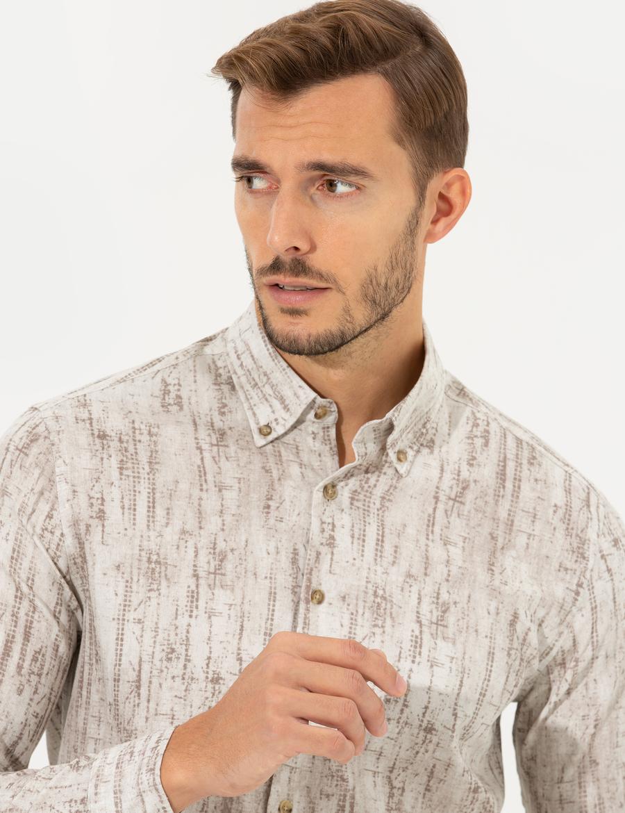Bej Slim Fit Uzun Kollu Gömlek