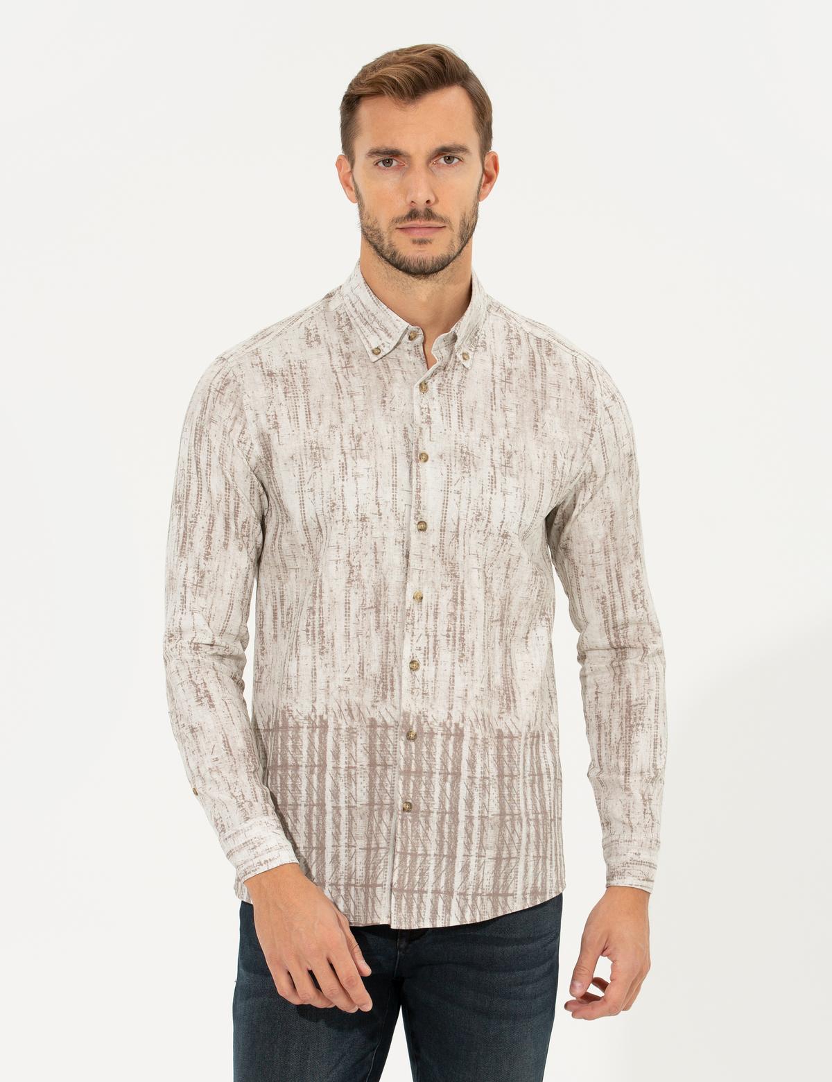 Bej Slim Fit Uzun Kollu Gömlek - 50259466019