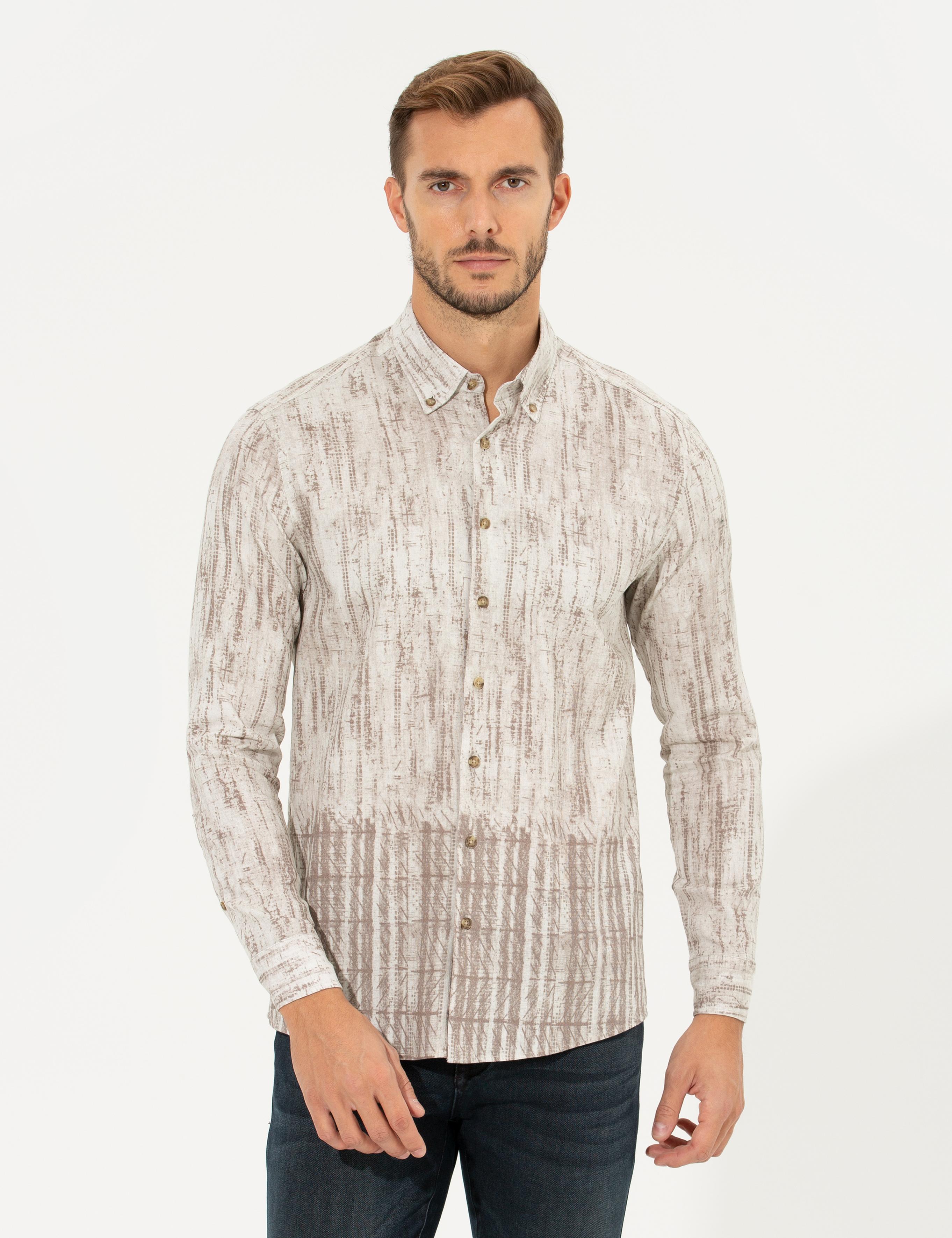 Bej Slim Fit Uzun Kollu Gömlek