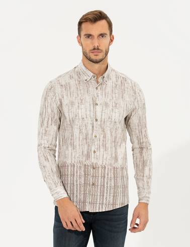 Bej Slim Fit Uzun Kollu Gömlek
