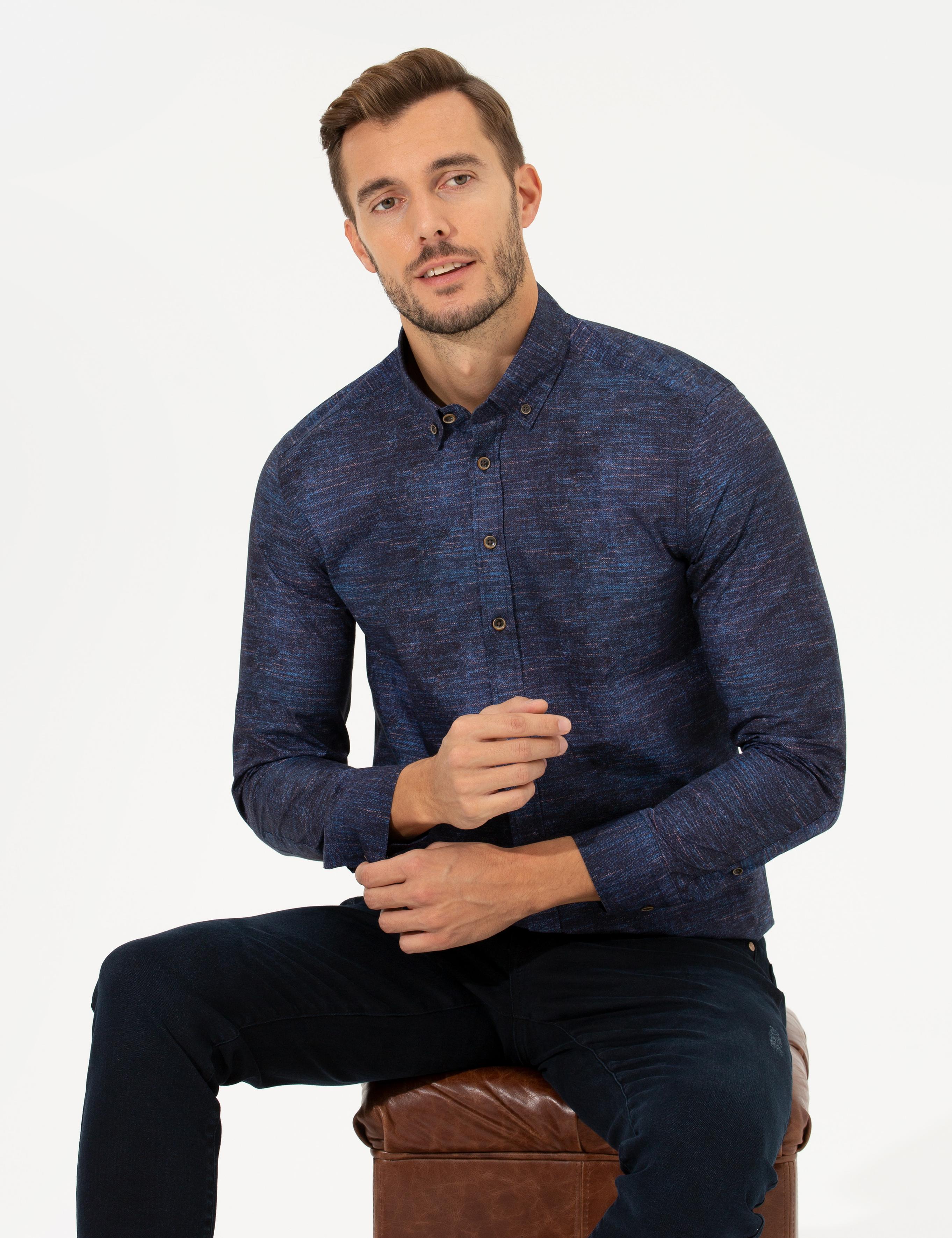 Lacivert Slim Fit Uzun Kollu Gömlek