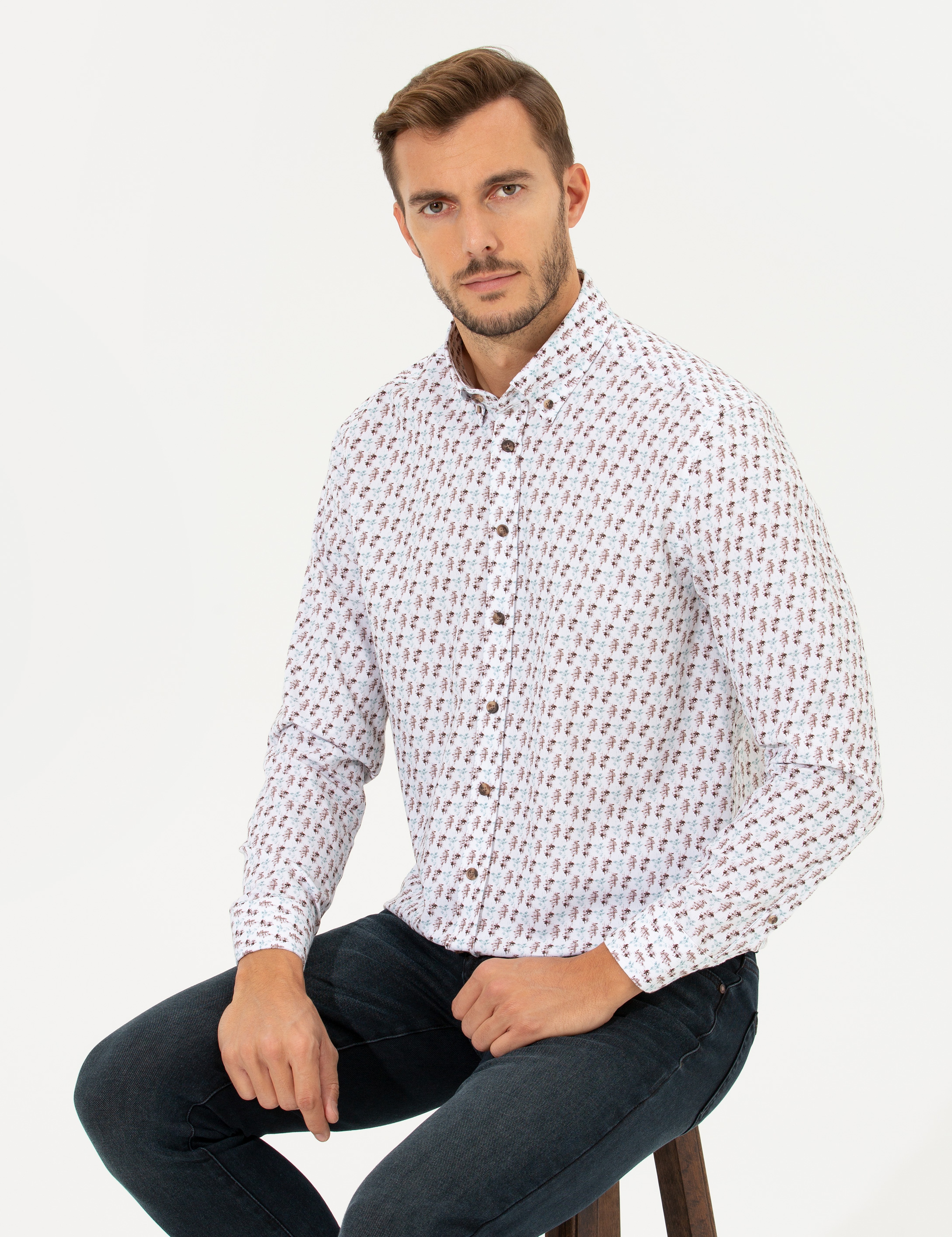 Beyaz Regular Fit Uzun Kollu Gömlek - Image 4