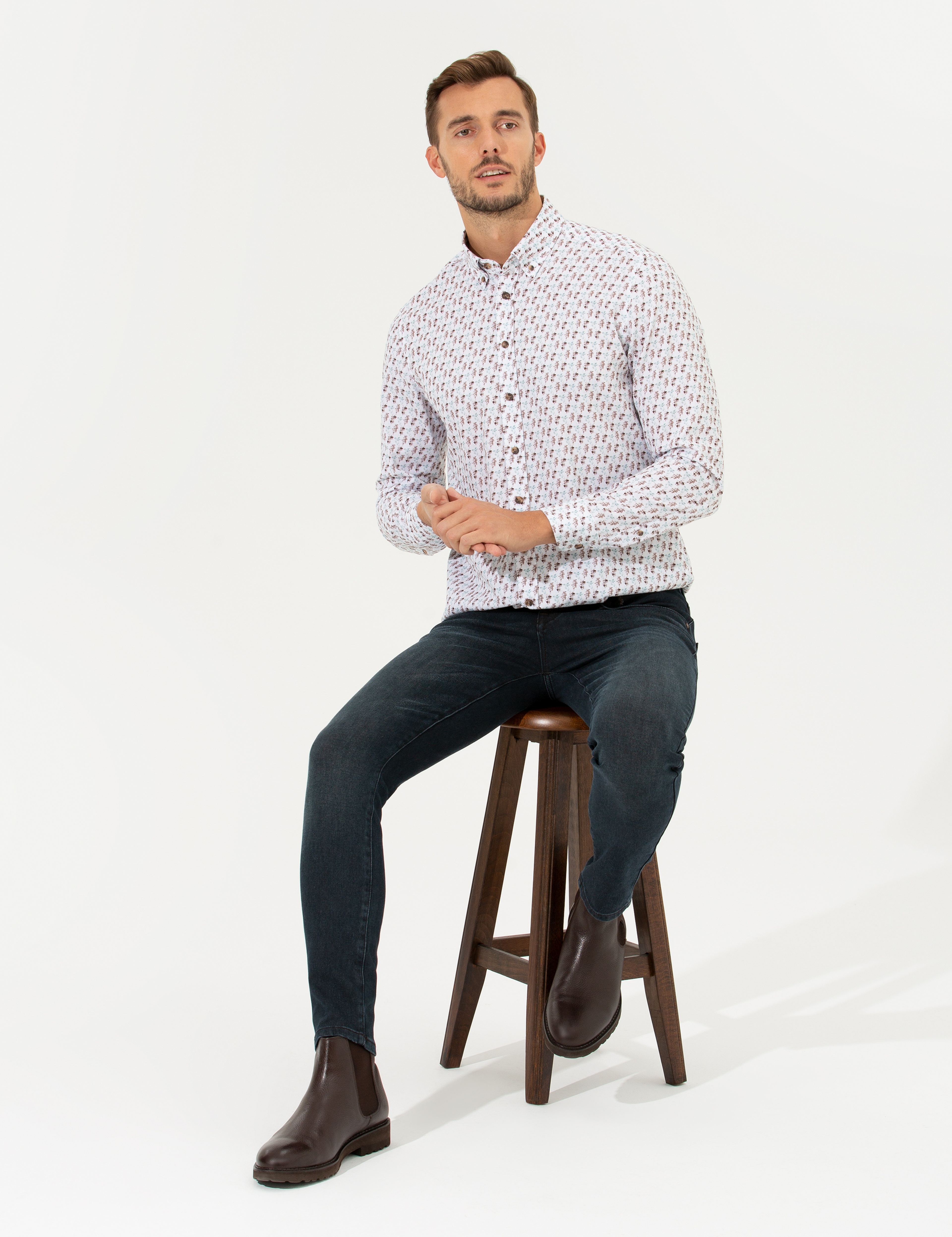 Beyaz Regular Fit Uzun Kollu Gömlek - Image 3