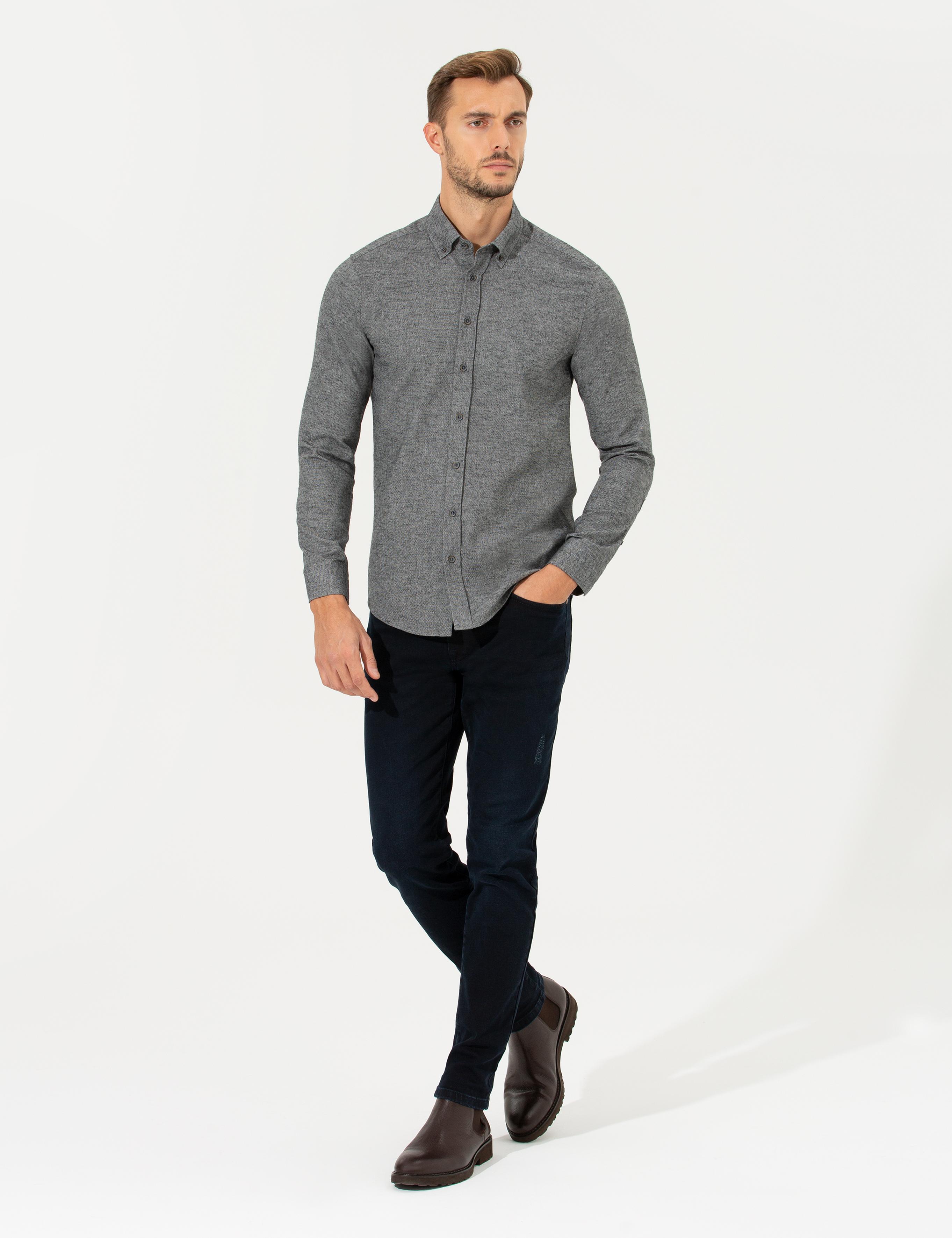 Gri Slim Fit Uzun Kollu Gömlek