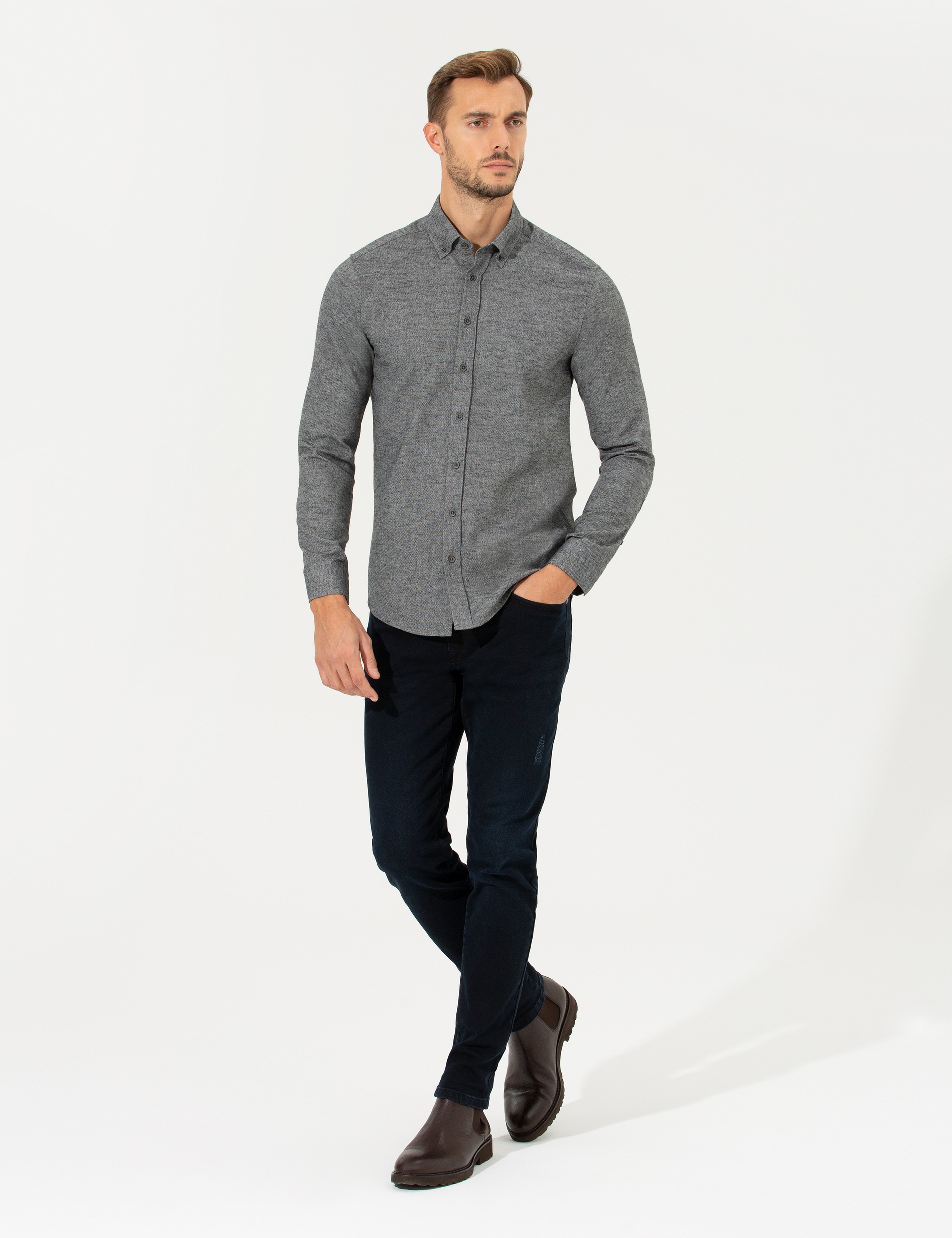 Gri Slim Fit Uzun Kollu Gömlek - Image 4