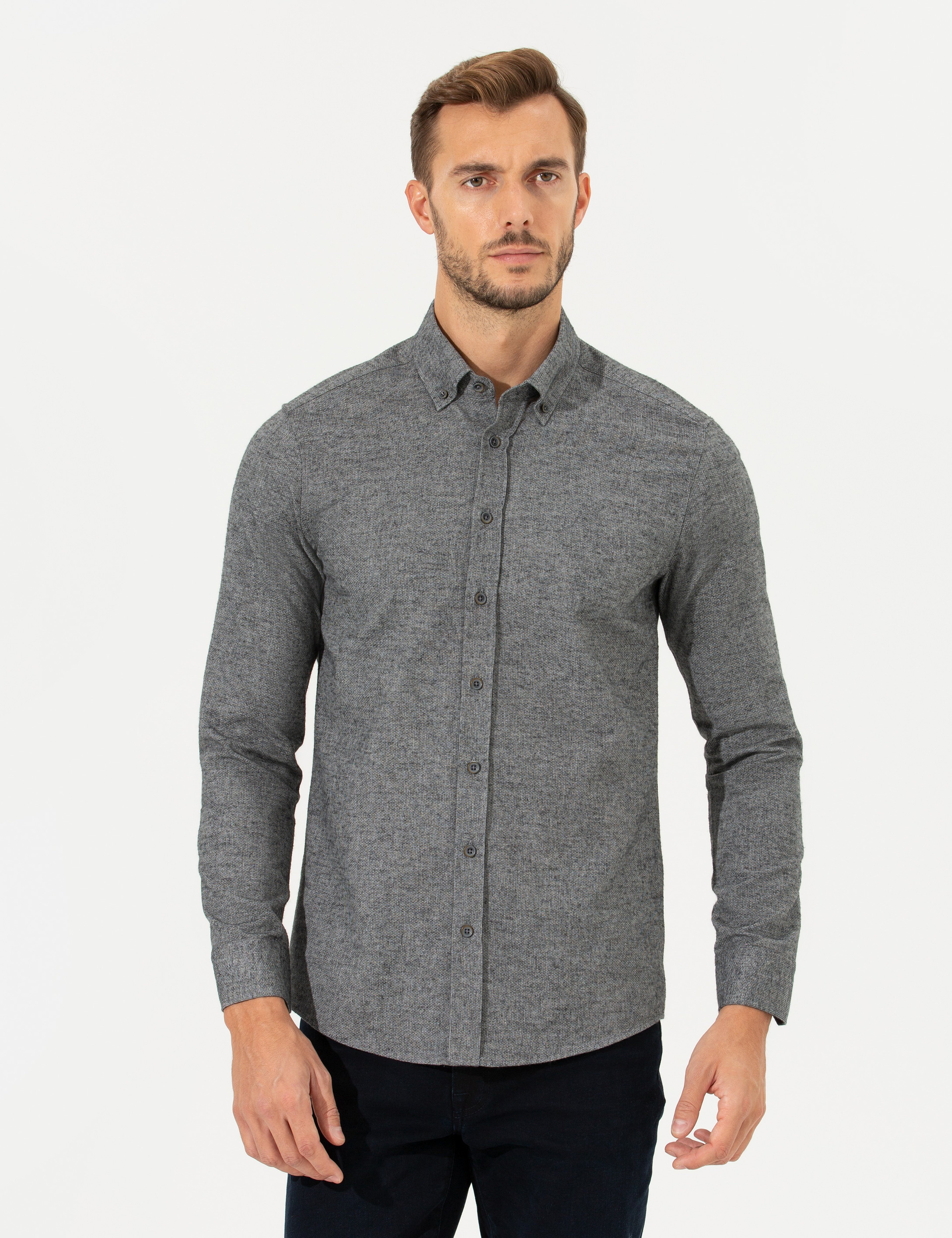 Gri Slim Fit Uzun Kollu Gömlek - Image 1