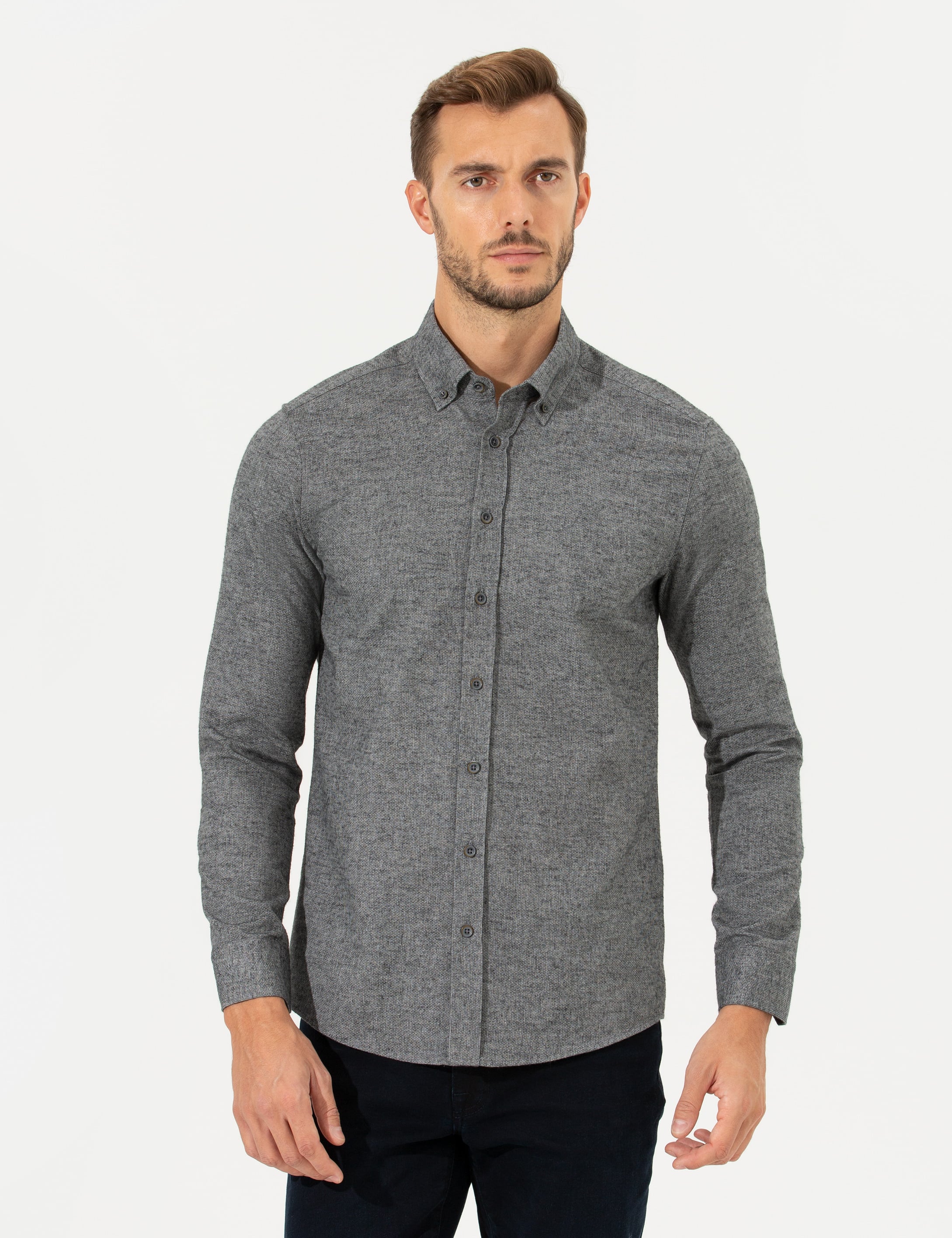 Gri Slim Fit Uzun Kollu Gömlek