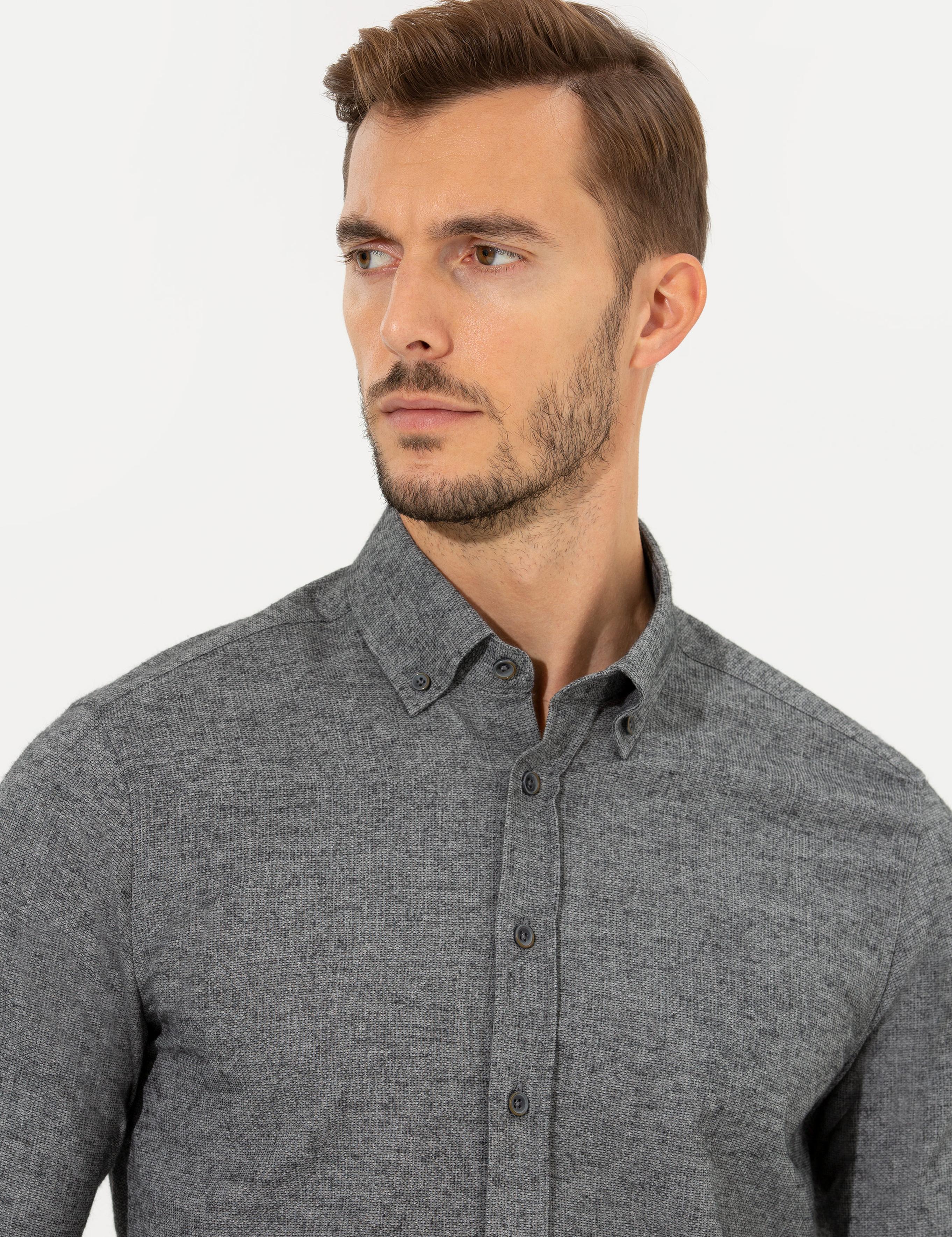 Gri Slim Fit Uzun Kollu Gömlek