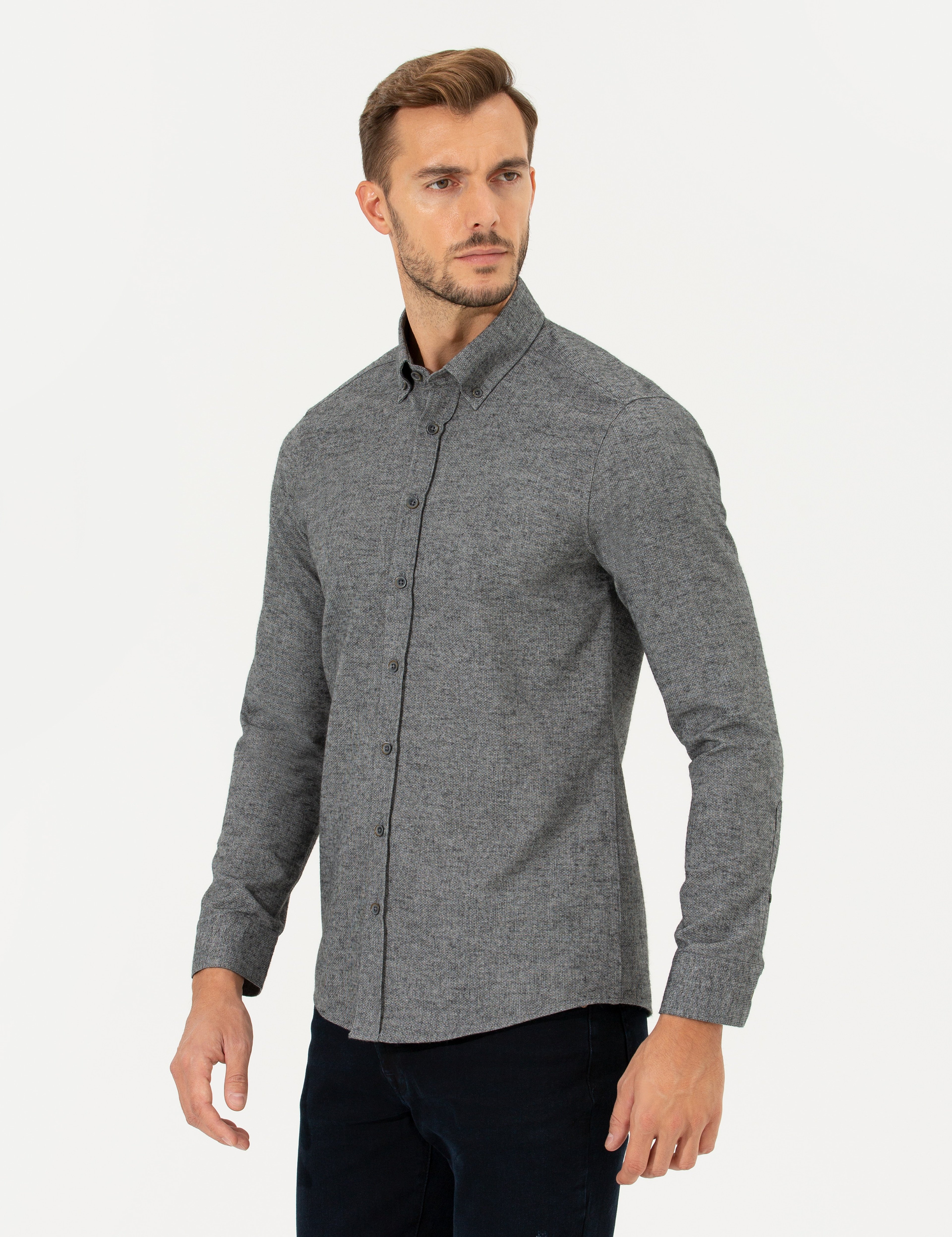 Gri Slim Fit Uzun Kollu Gömlek - Image 3