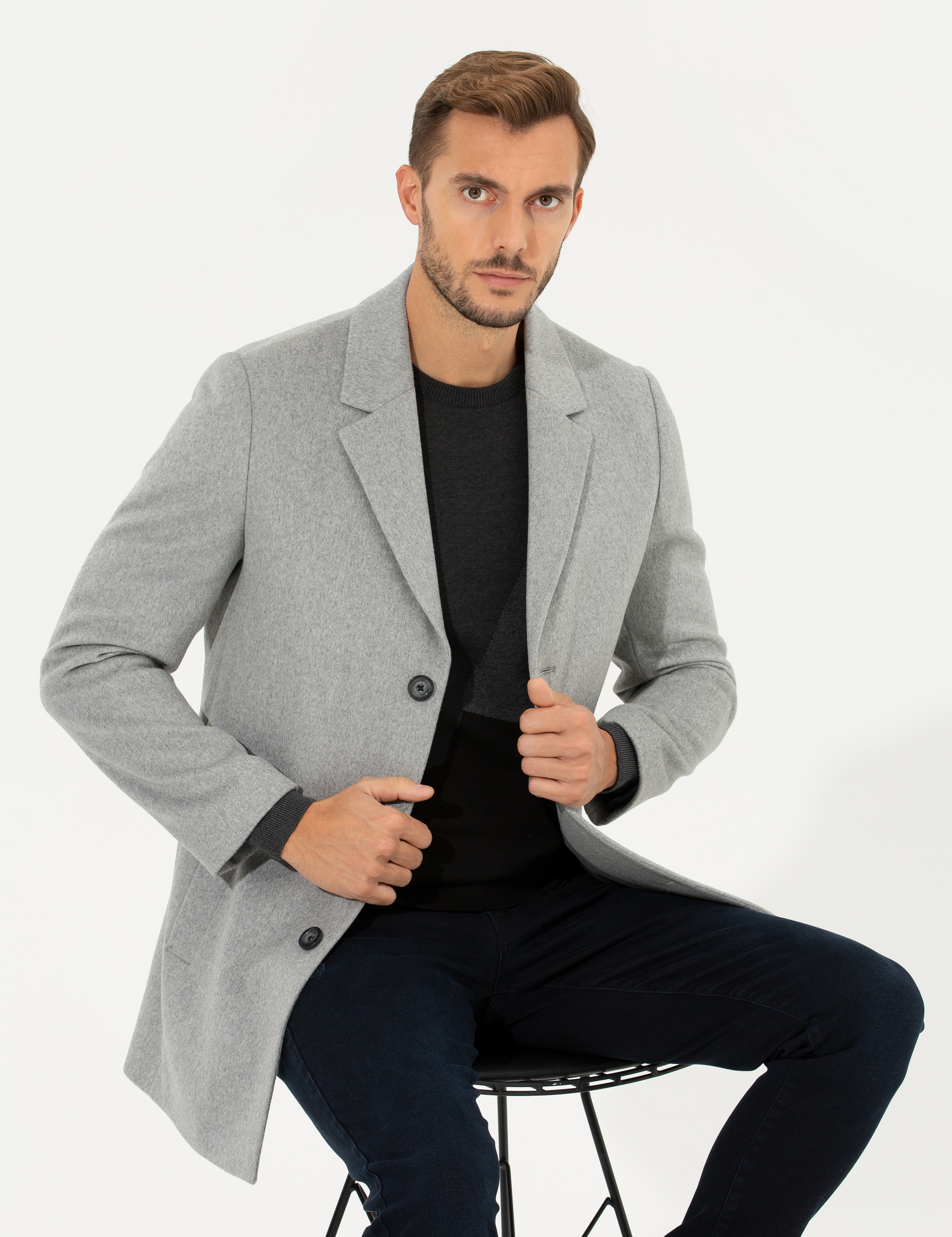 Açık Gri Ex. Slim Fit Kaşe Kaban - Image 1