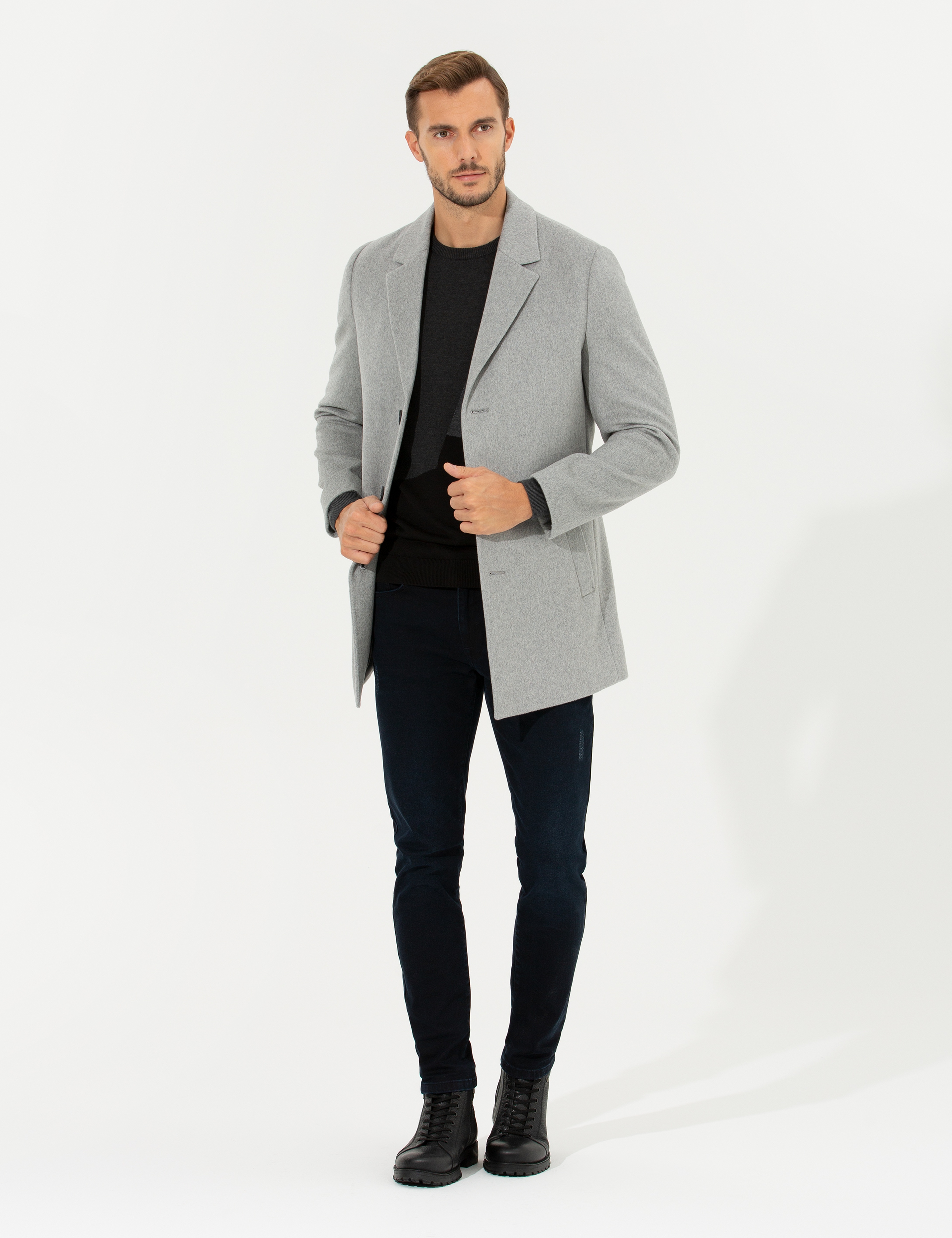 Açık Gri Ex. Slim Fit Kaşe Kaban - Image 2