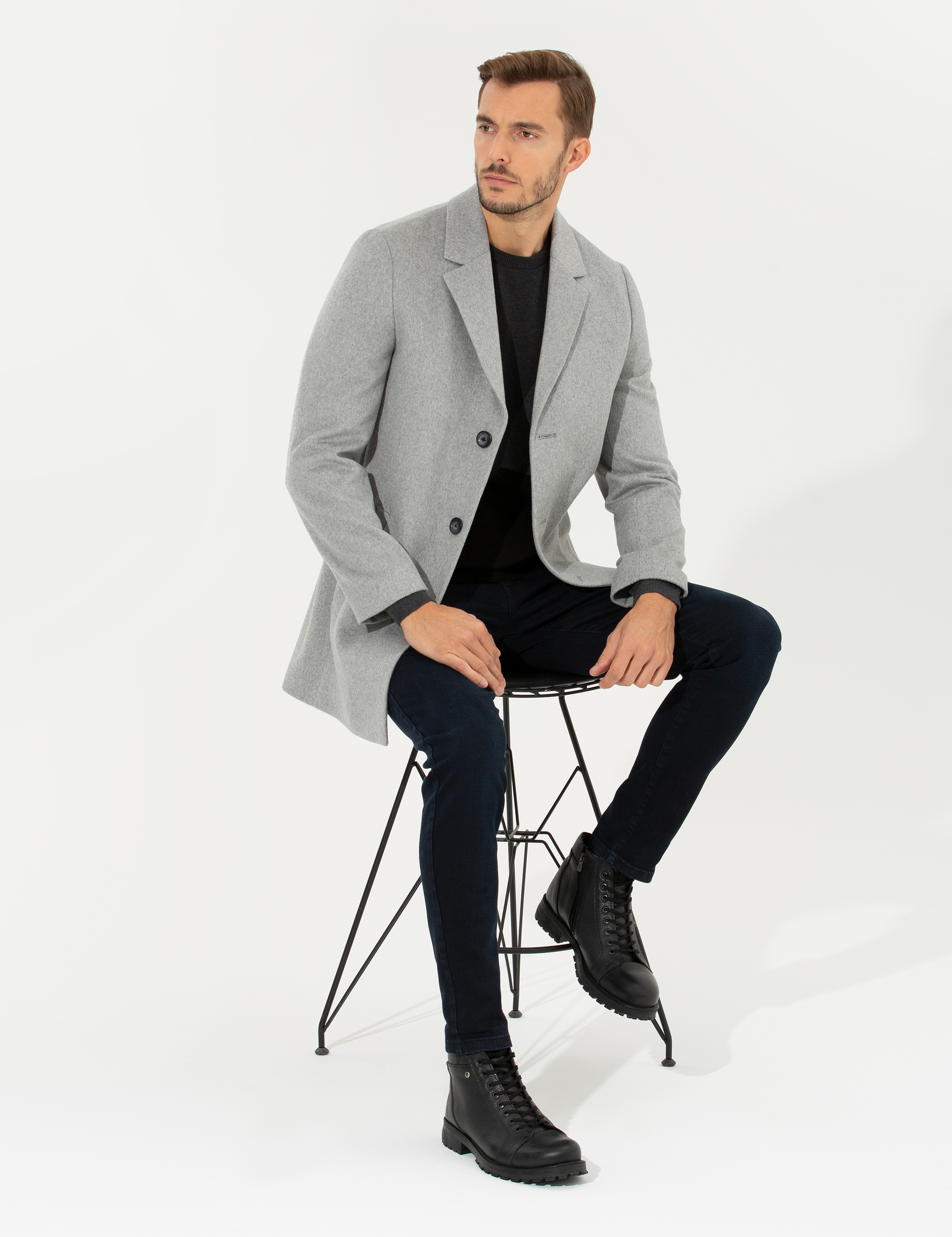Açık Gri Ex. Slim Fit Kaşe Kaban