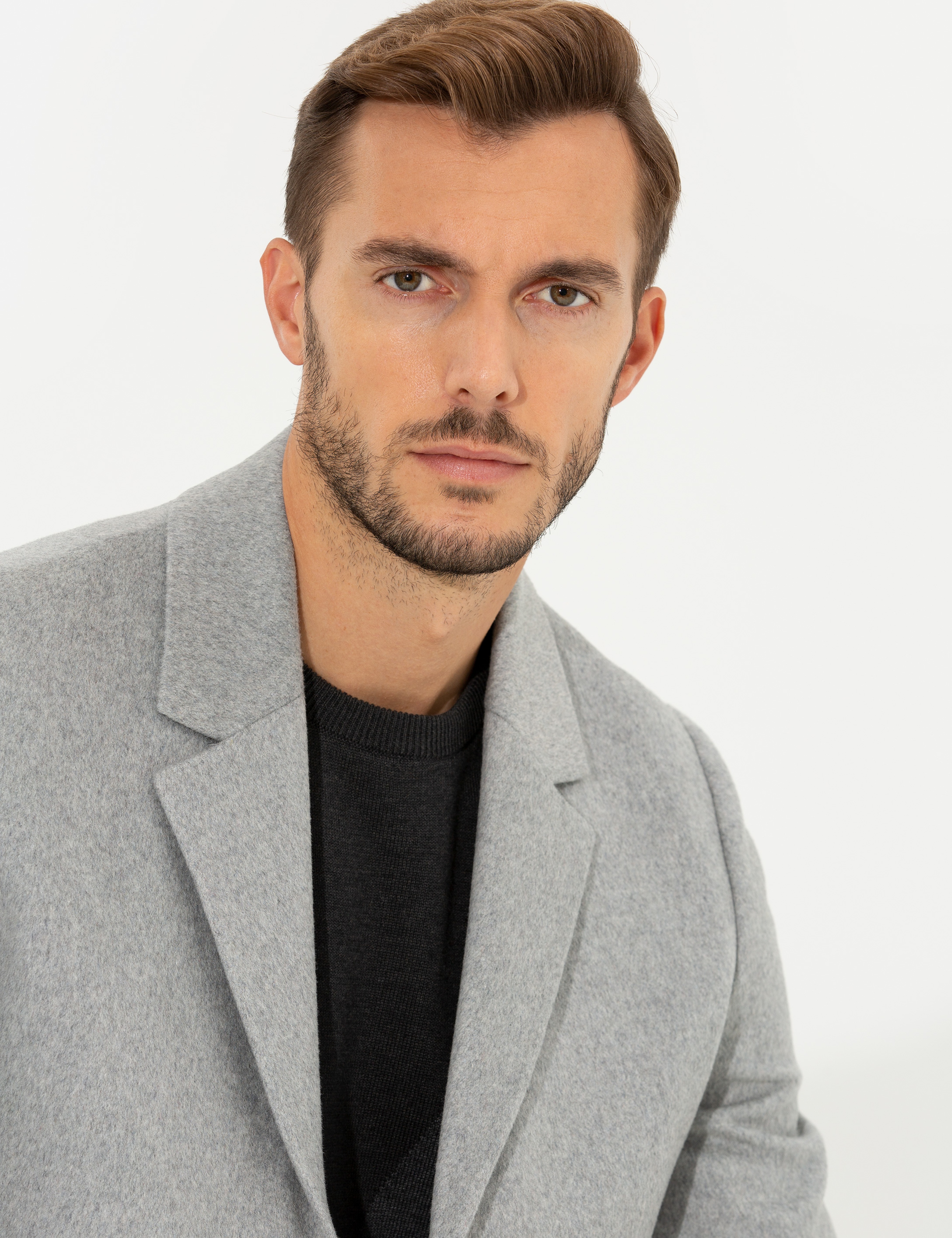 Açık Gri Ex. Slim Fit Kaşe Kaban - Image 4