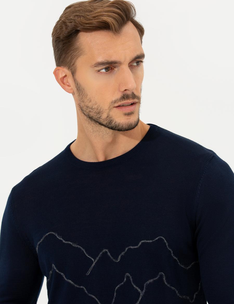 Lacivert Regular Fit Bisiklet Yaka Yün Karışımlı Triko Kazak