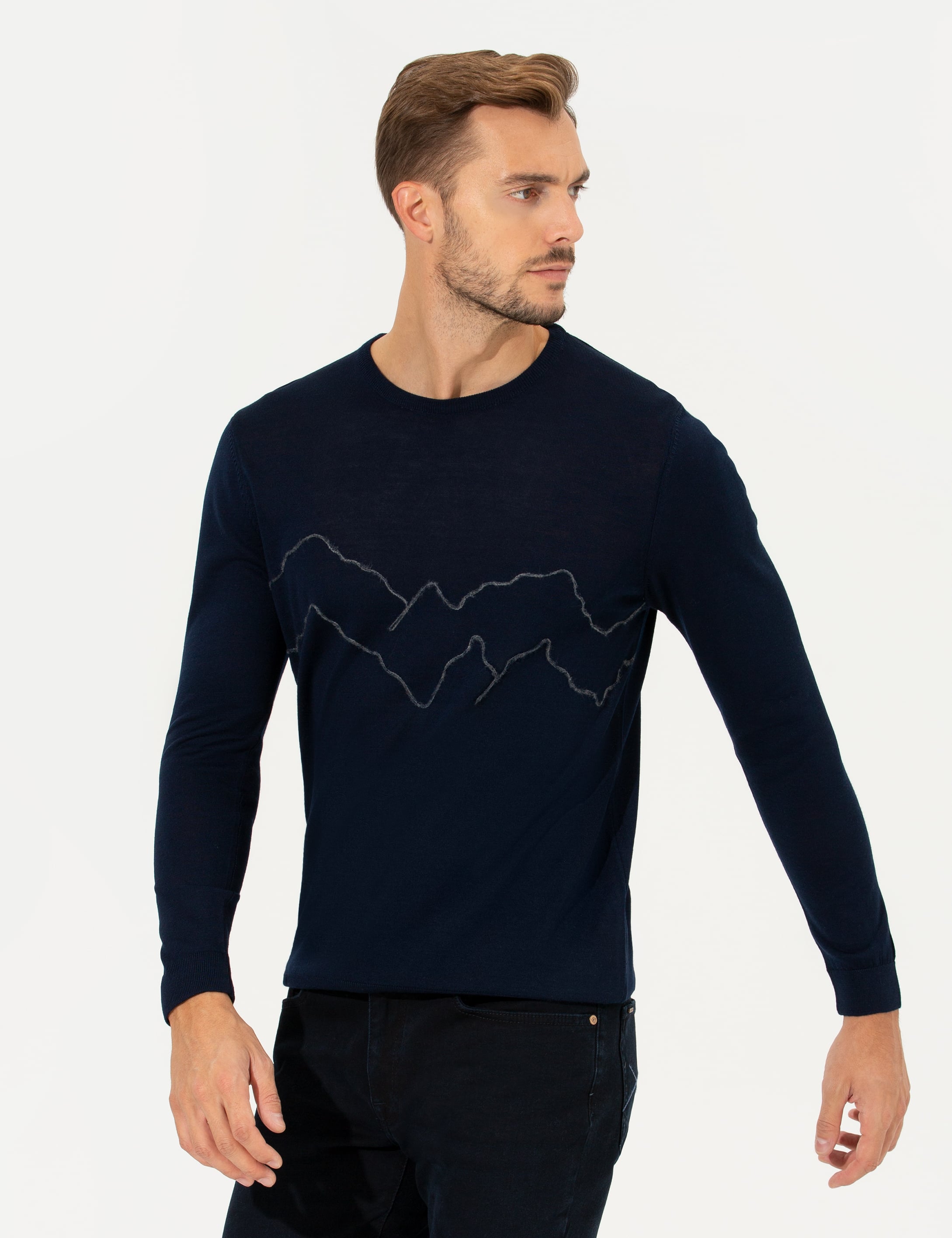 Lacivert Regular Fit Bisiklet Yaka Yün Karışımlı Triko Kazak
