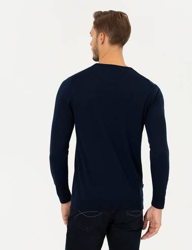 Lacivert Regular Fit Bisiklet Yaka Yün Karışımlı Triko Kazak