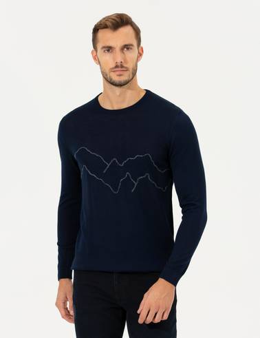 Lacivert Regular Fit Bisiklet Yaka Yün Karışımlı Triko Kazak