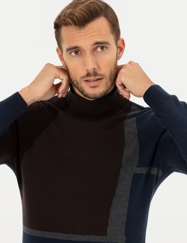Kahverengi Slim Fit Balıkçı Yaka Triko Kazak