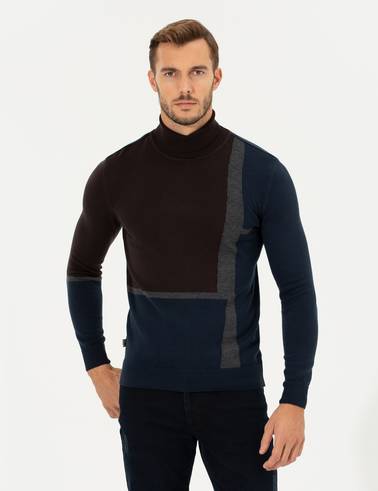 Kahverengi Slim Fit Balıkçı Yaka Triko Kazak