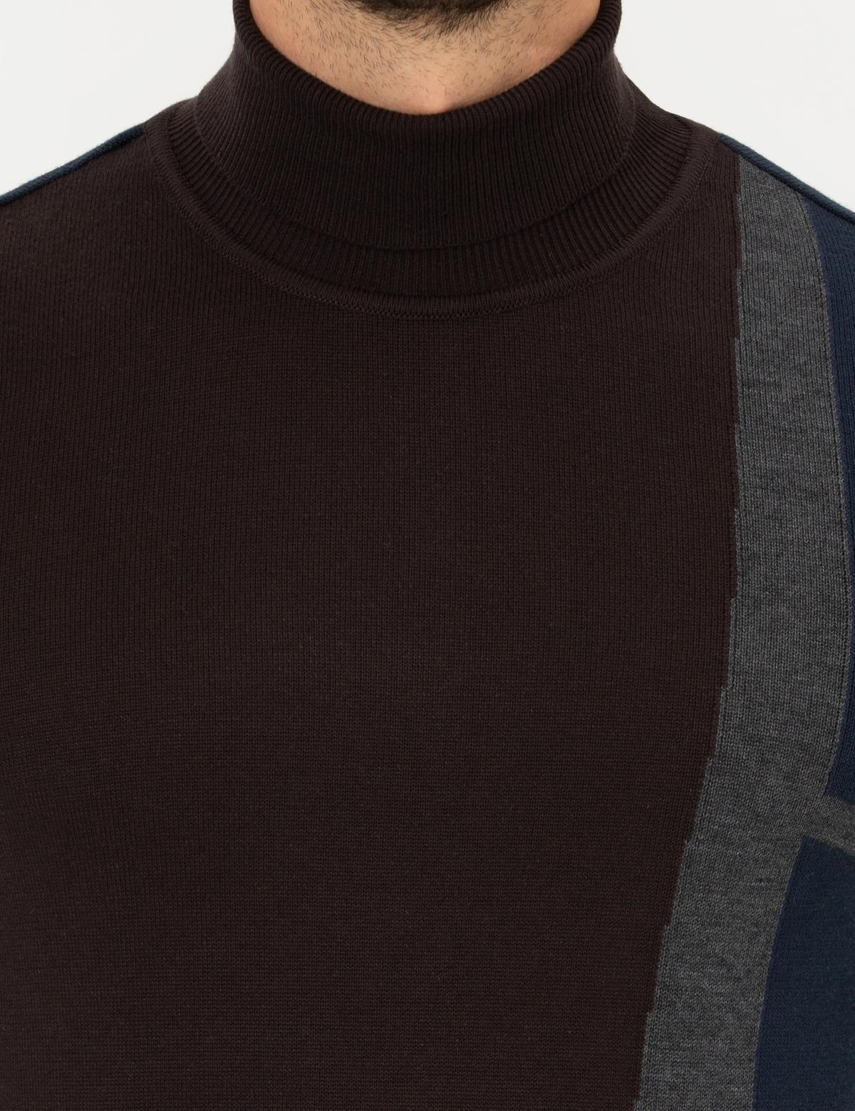 Kahverengi Slim Fit Balıkçı Yaka Triko Kazak - 50261176048