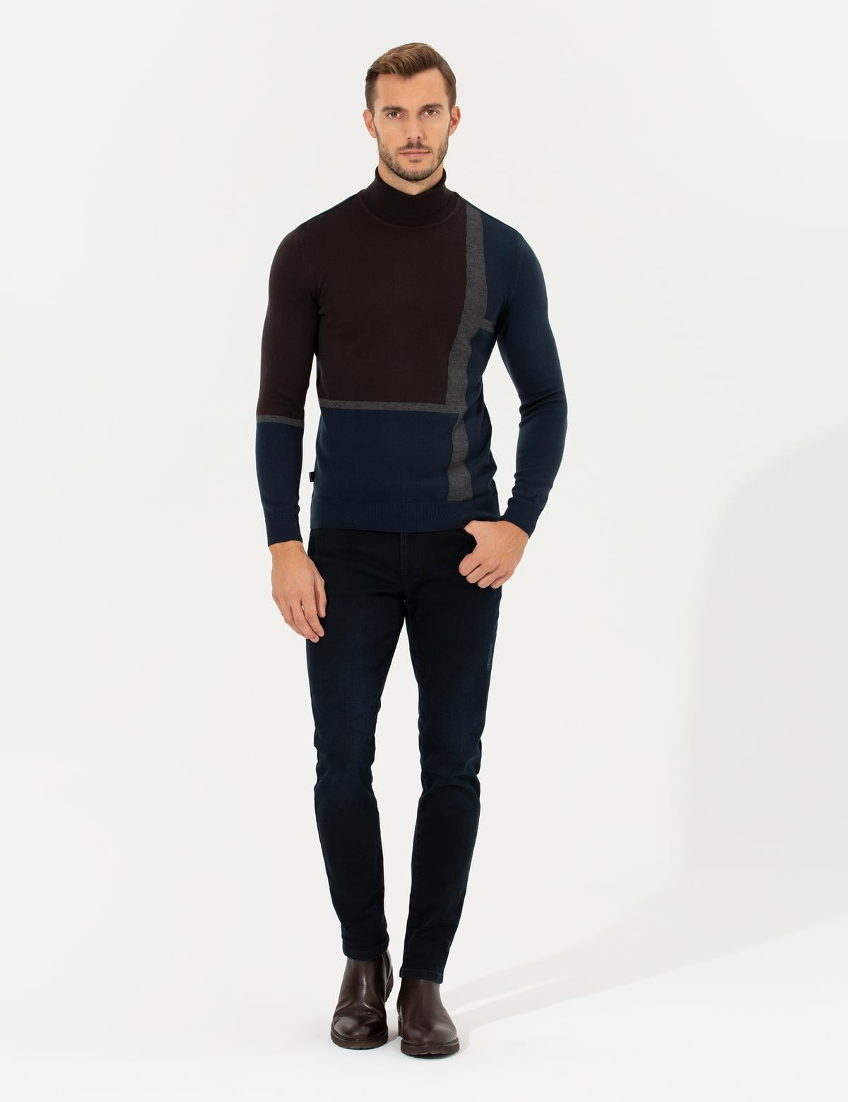 Kahverengi Slim Fit Balıkçı Yaka Triko Kazak - 50261176048