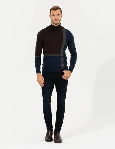 Kahverengi Slim Fit Balıkçı Yaka Triko Kazak