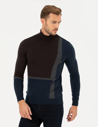 Kahverengi Slim Fit Balıkçı Yaka Triko Kazak