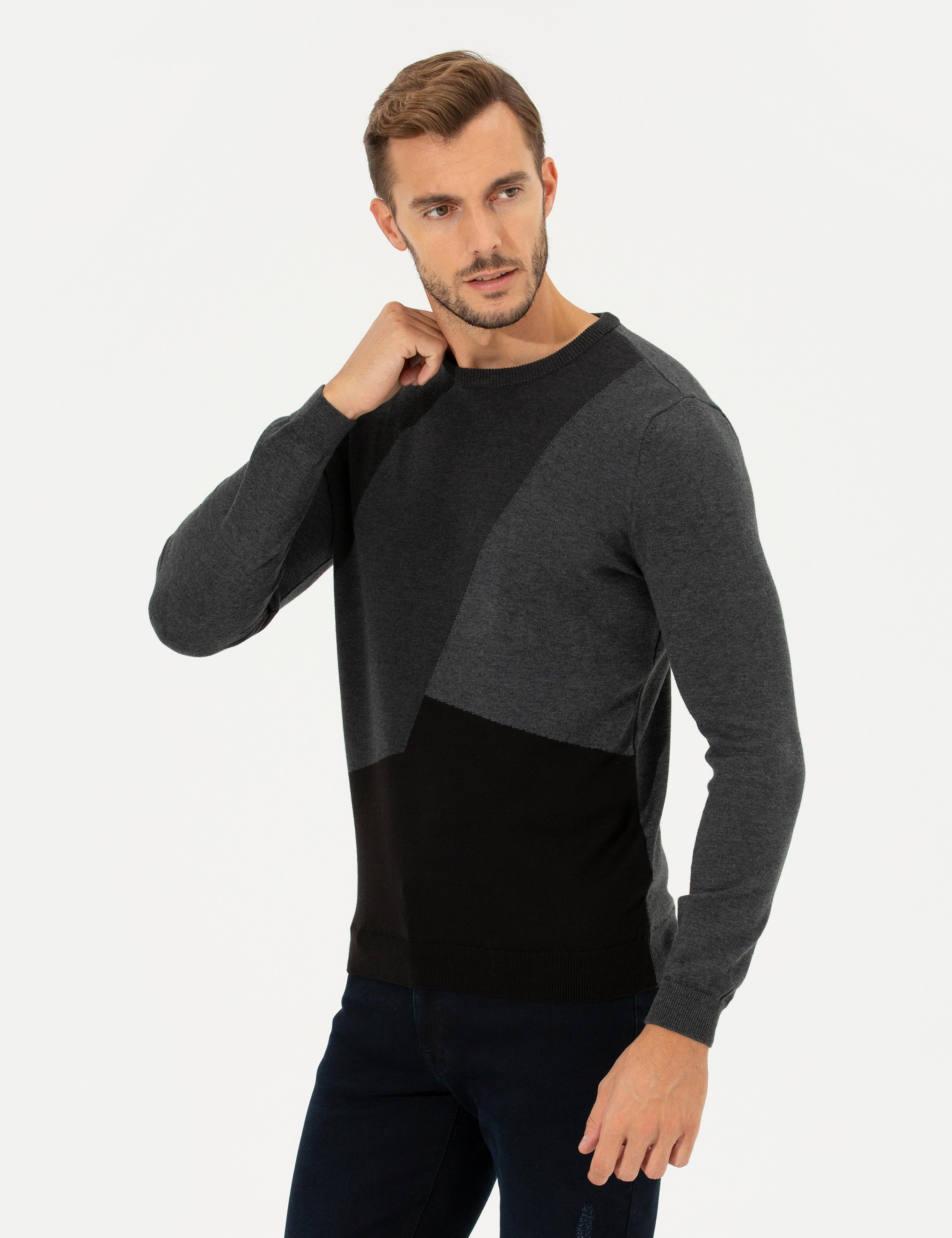 Gri Melanj Slim Fit Bisiklet Yaka Triko Kazak