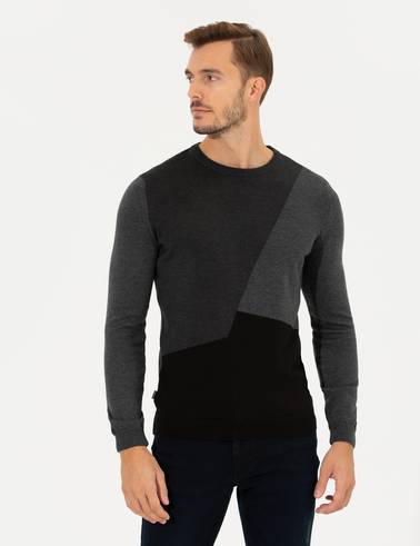 Gri Melanj Slim Fit Bisiklet Yaka Triko Kazak