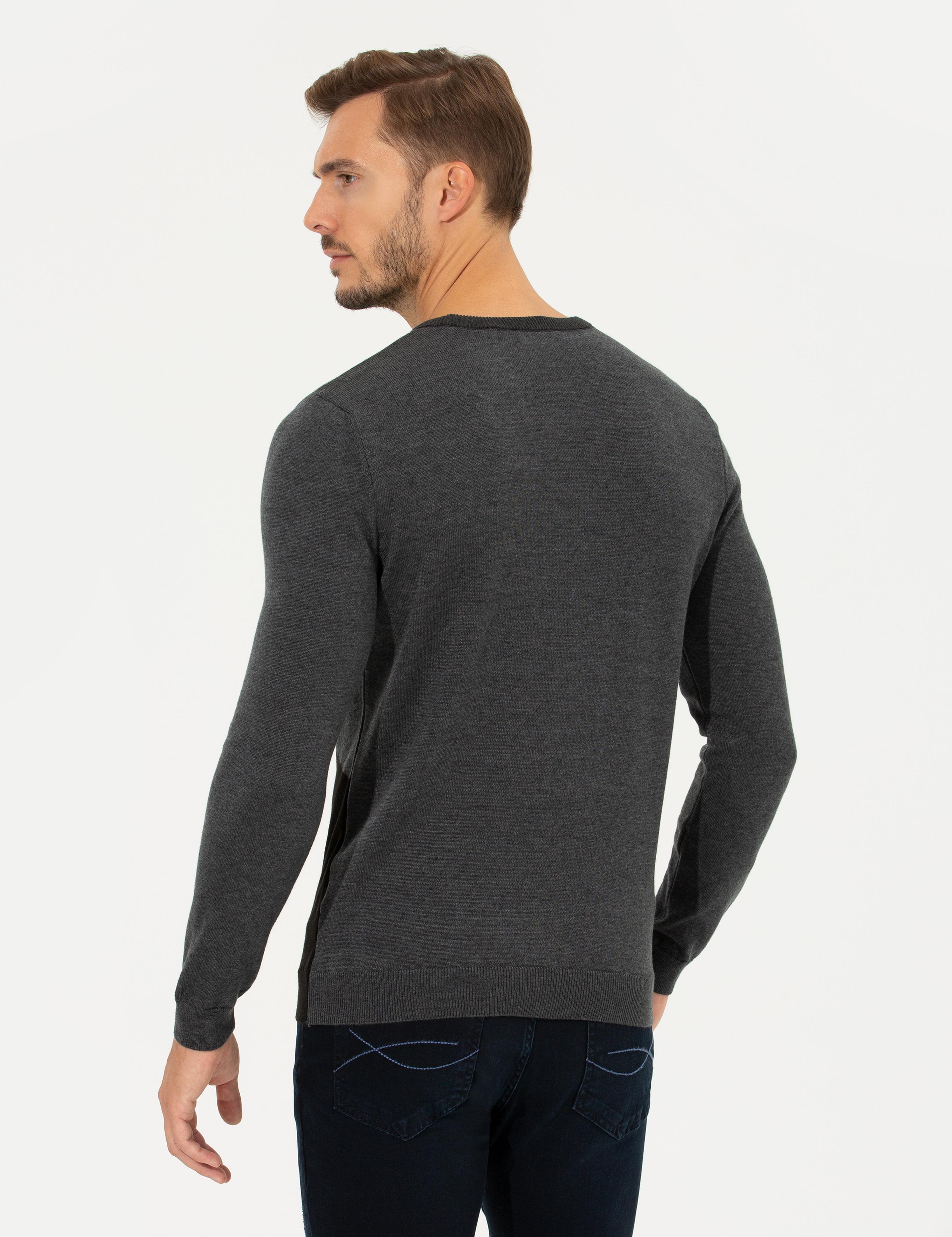 Gri Melanj Slim Fit Bisiklet Yaka Triko Kazak