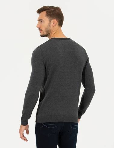 Gri Melanj Slim Fit Bisiklet Yaka Triko Kazak