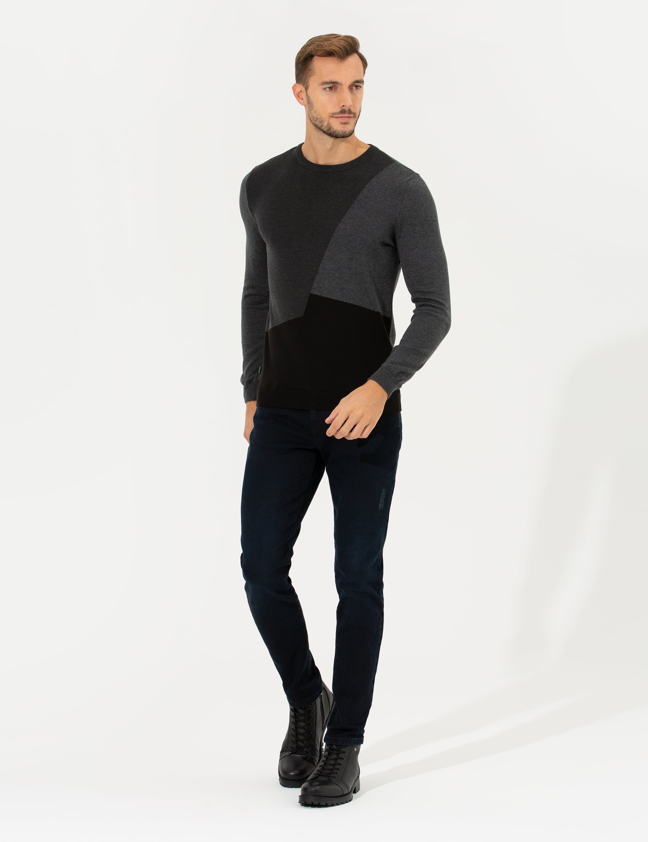Pierre Cardin Gri Melanj Slim Fit Bisiklet Yaka Triko Kazak görsel 4