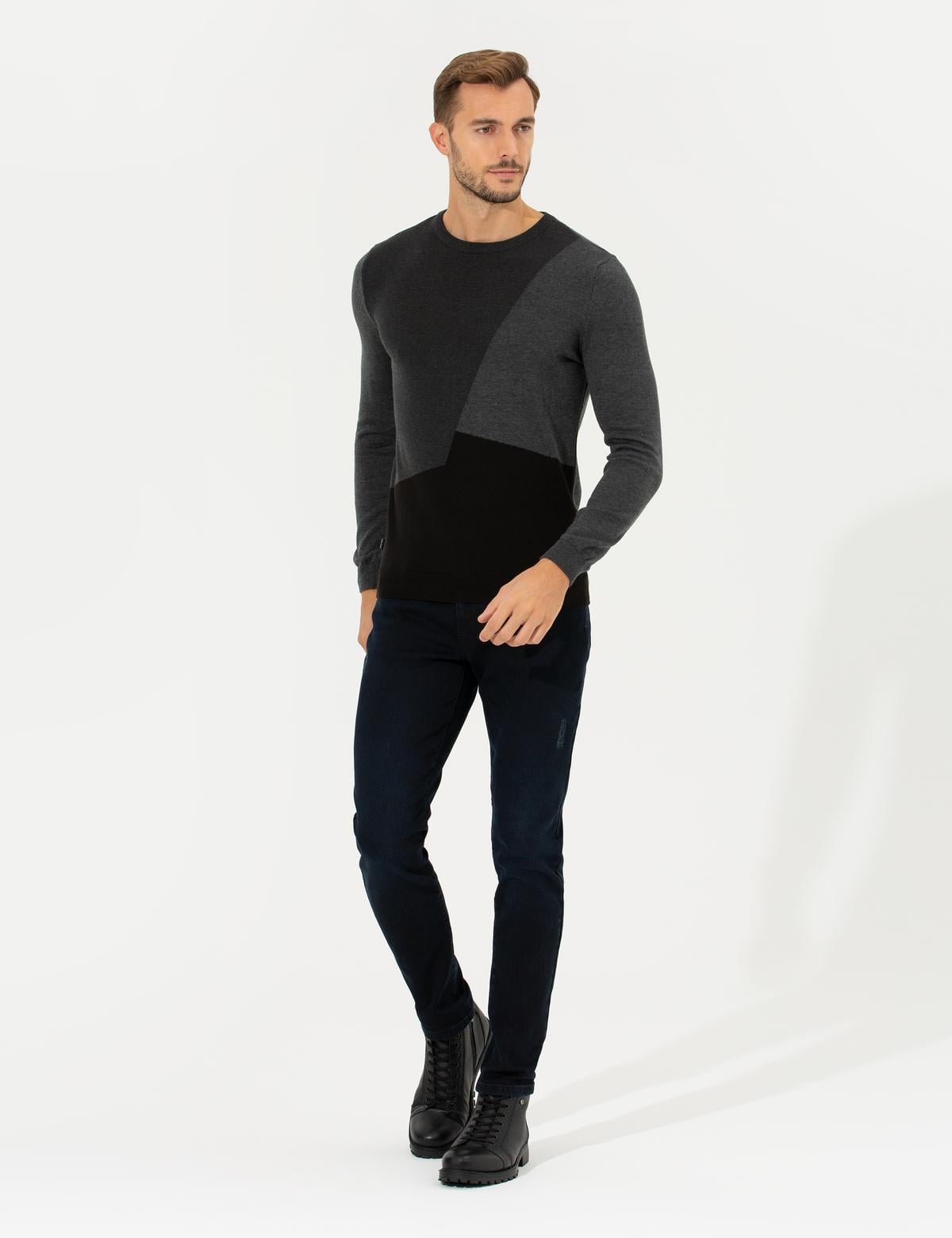 Gri Melanj Slim Fit Bisiklet Yaka Triko Kazak - 50261154016