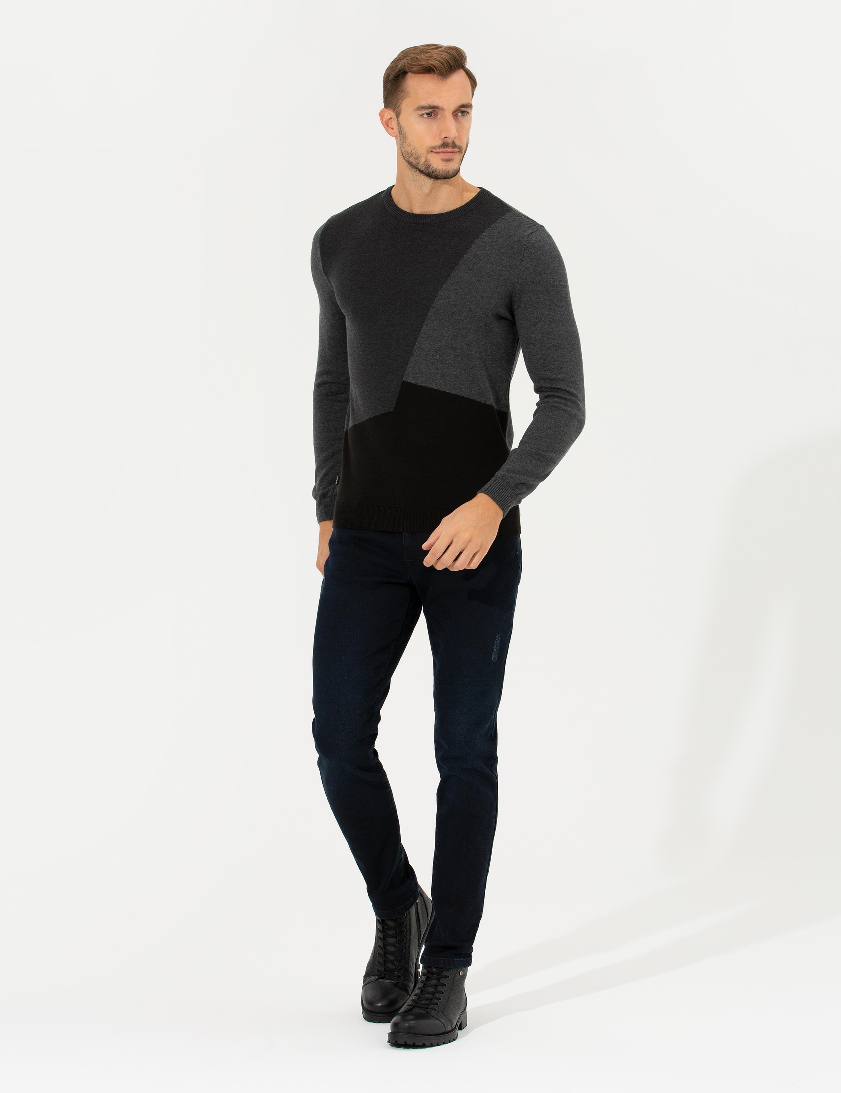 Gri Melanj Slim Fit Bisiklet Yaka Triko Kazak