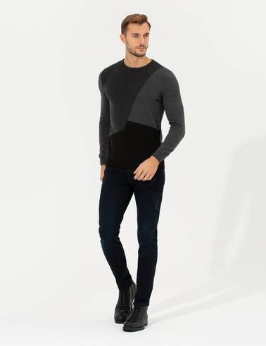 Gri Melanj Slim Fit Bisiklet Yaka Triko Kazak