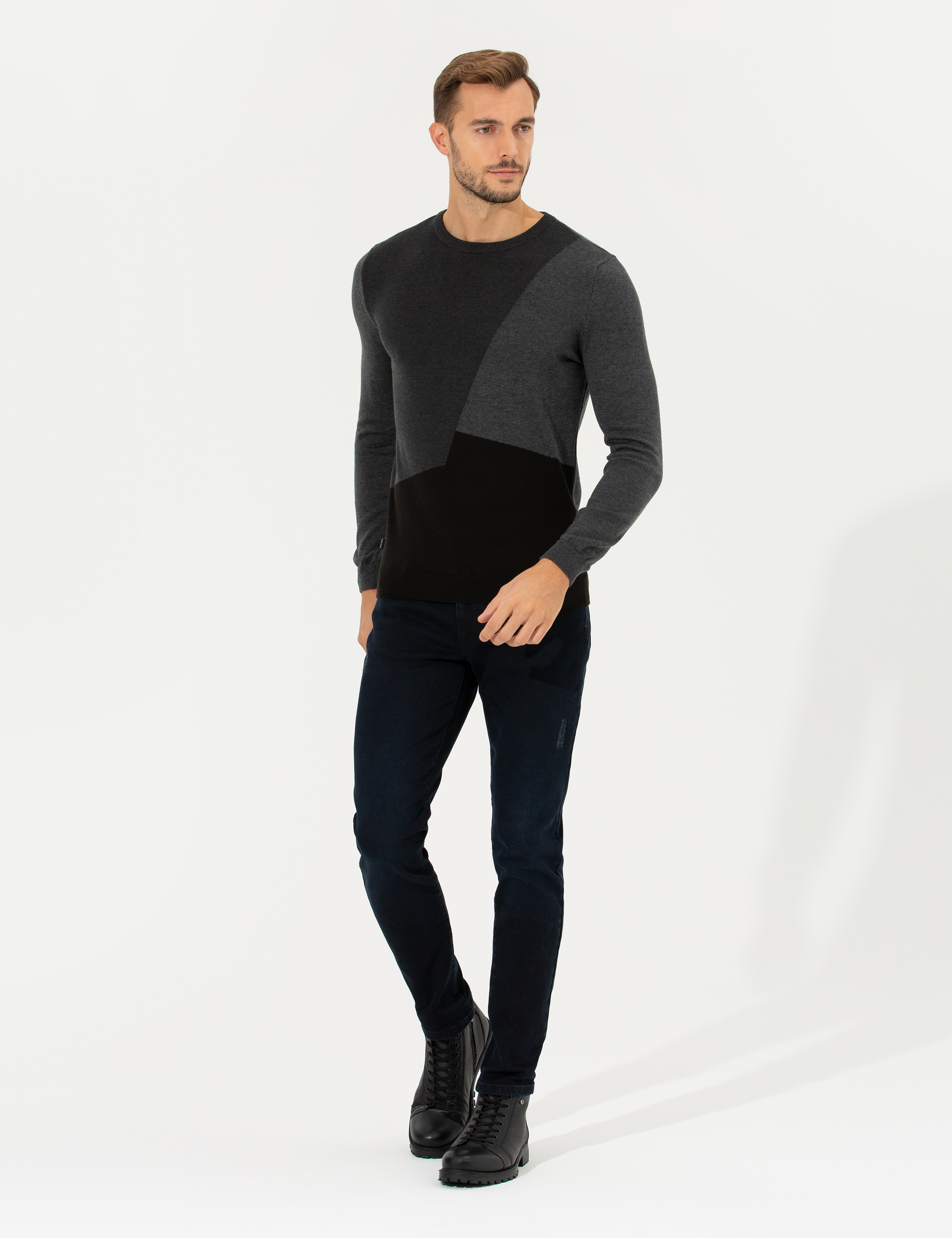 Gri Melanj Slim Fit Bisiklet Yaka Triko Kazak - Image 4