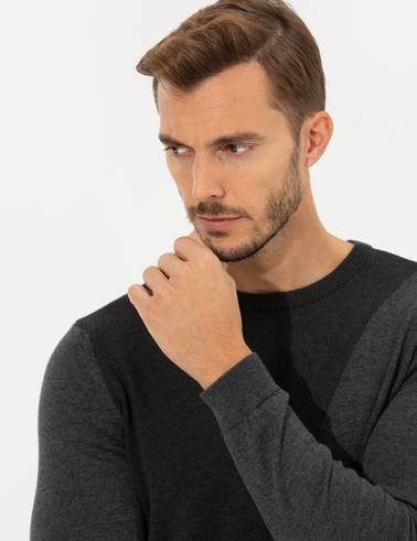 Gri Melanj Slim Fit Bisiklet Yaka Triko Kazak