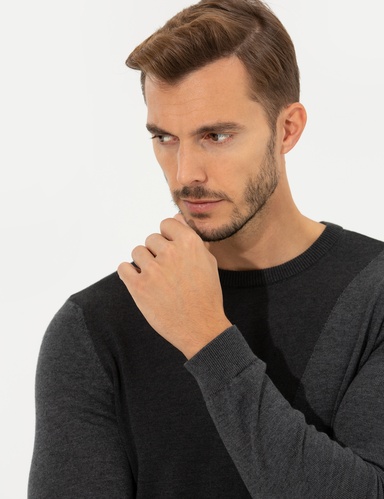 Gri Melanj Slim Fit Bisiklet Yaka Triko Kazak