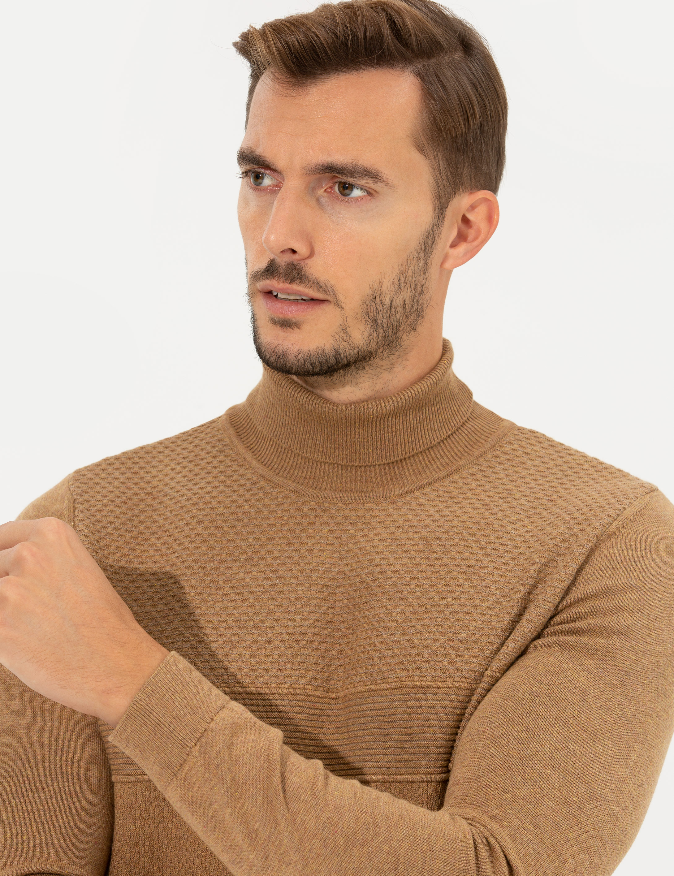 Pierre Cardin Camel Melanj Slim Fit Balıkçı Yaka Triko Kazak görsel 2